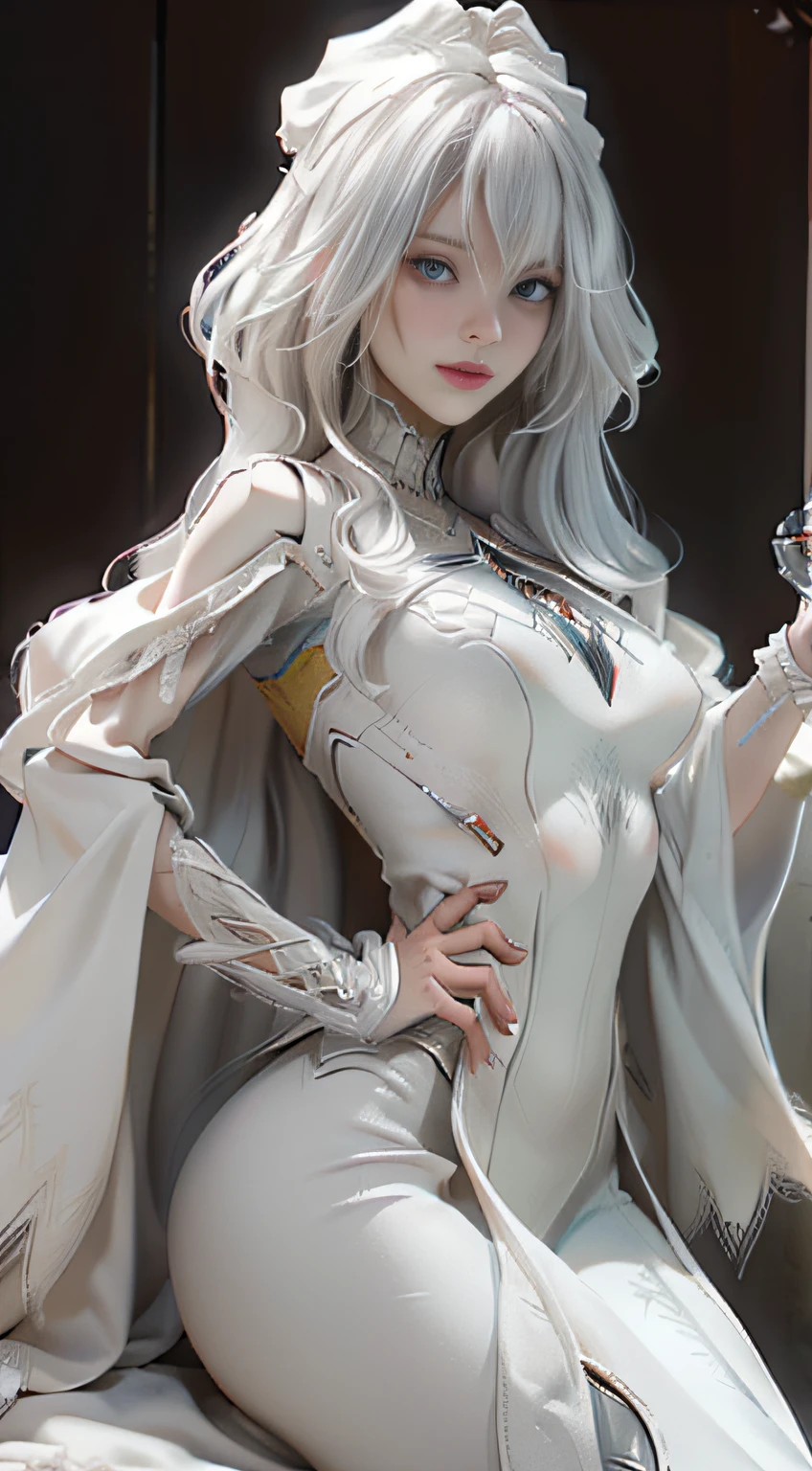 (Extreme Detail CG Unity 8K wallpaper, masterpiece, highest quality), (Exquisite lighting and shadow, highly dramatic picture, Cinematic lens effect), a girl in a white Spider-Man costume, silver gray hair color, from the Spider-Man parallel universe, Wenger, Marvel, Spider-Man, sitting on the couch, dynamic pose), (excellent detail, excellent lighting, wide angle), (excellent rendering, enough to stand out in its class), focus on white Spider-Man costumes, complex spider textures