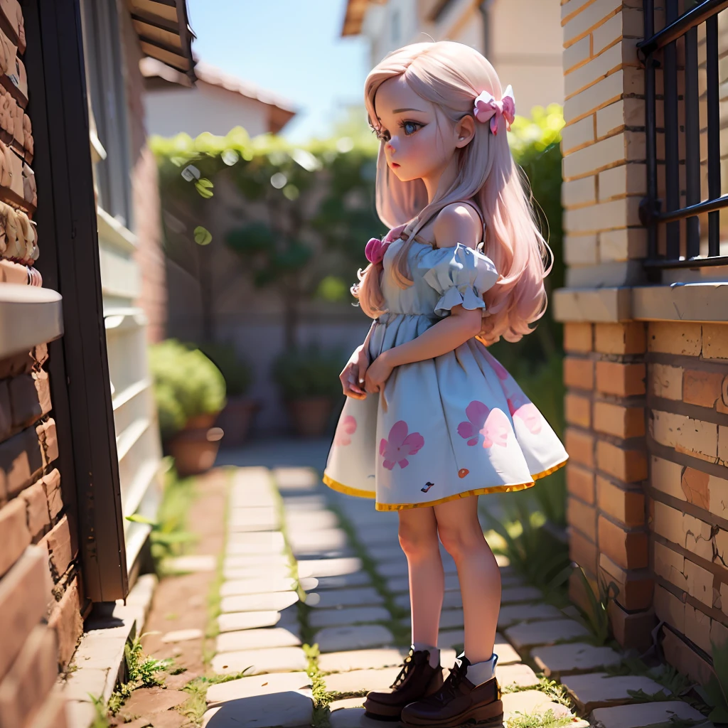 desenho de uma boneca 3D com cabelo rosa com roupas tamanho infantil em um jardim --auto --s2