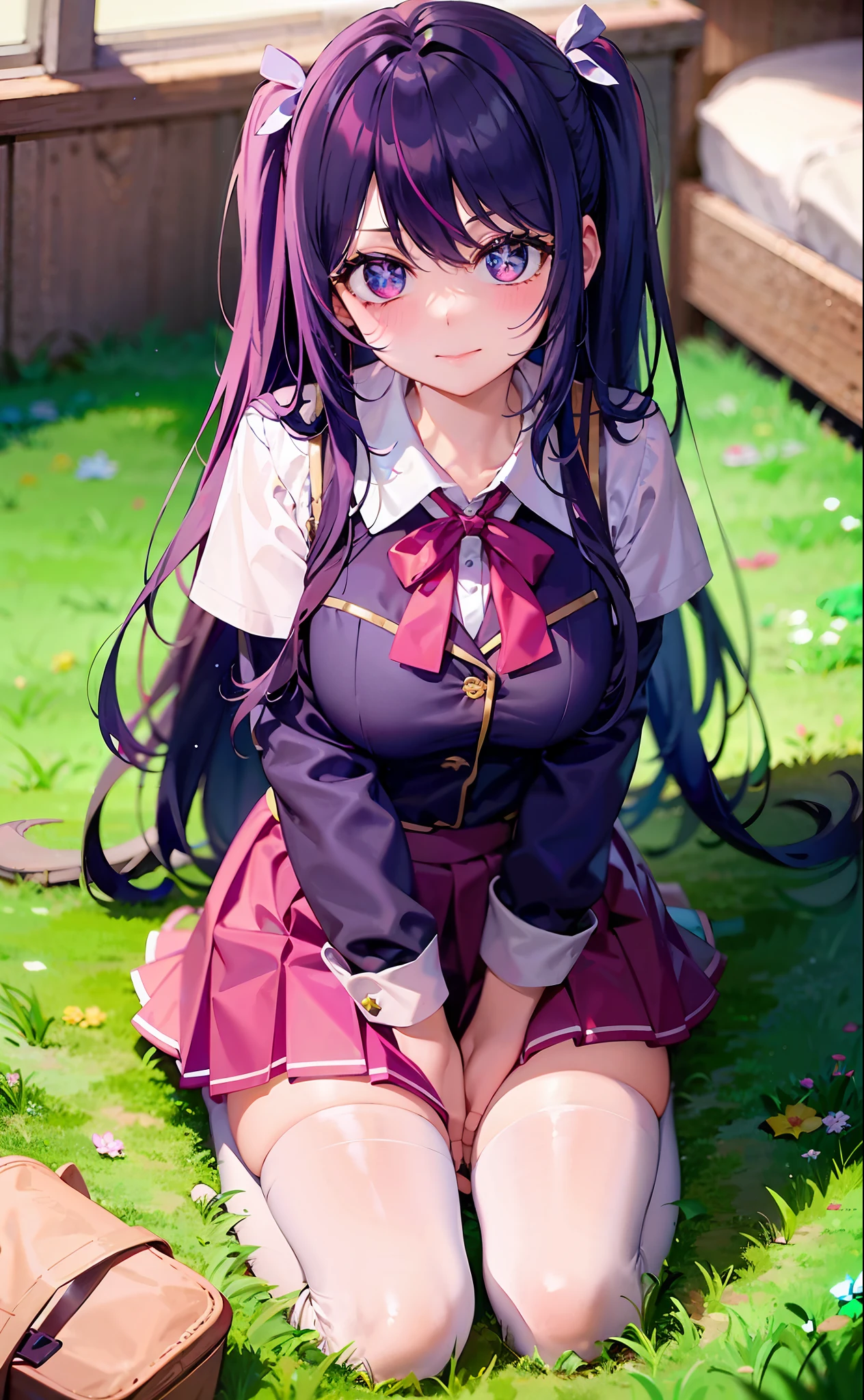 one-girl((There is a five-pointed star in the eye))A girl with long purple hair,(((Blushlush)))JK school uniform,short skirt,Kneeling,Beds,,white stockings