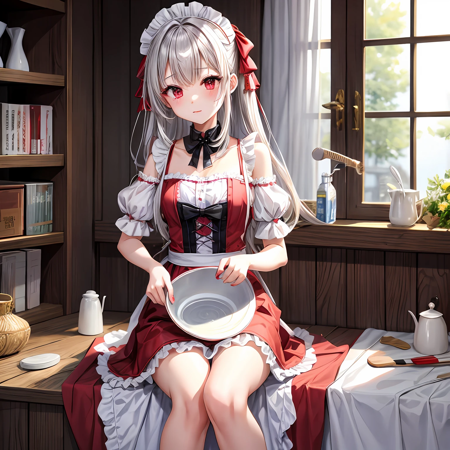 silber hair、red eyes、One pretty girl、独奏、animesque、maid clothes、off shoulders、Cleaning tools