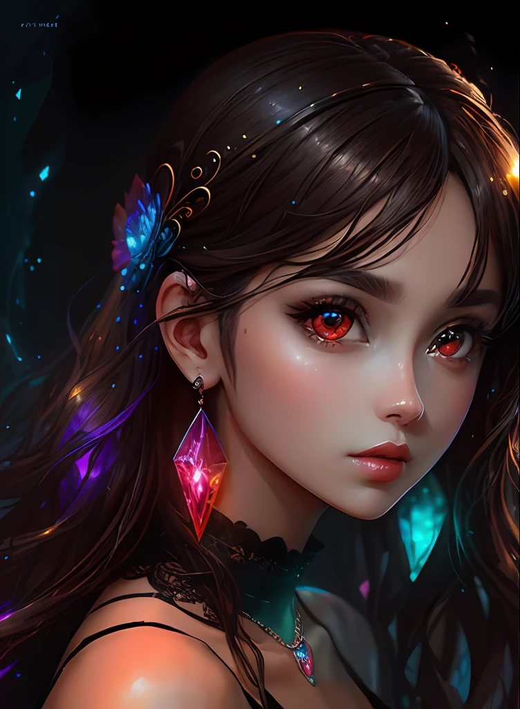 ((top-quality)), ((​masterpiece)), ((realisitic)), (detaileds),animesque、anime styled、 (1人の女性）Earrings only accessories、Close up portrait of woman with dark brown hair、Very beautiful glowing eyes, Like crystal clear glass、Tank Tops、Summer clothes、4K high-definition digital art、stunning digital illustration、Stunning 8K artwork、colorfull digital fantasy art、Colorful and bright、beautiful digital works of art、Colorful Digital Anime Art、Portrait of beautiful woman、8K HD Digital Wallpaper Art、 Gorgeous Digital Painting