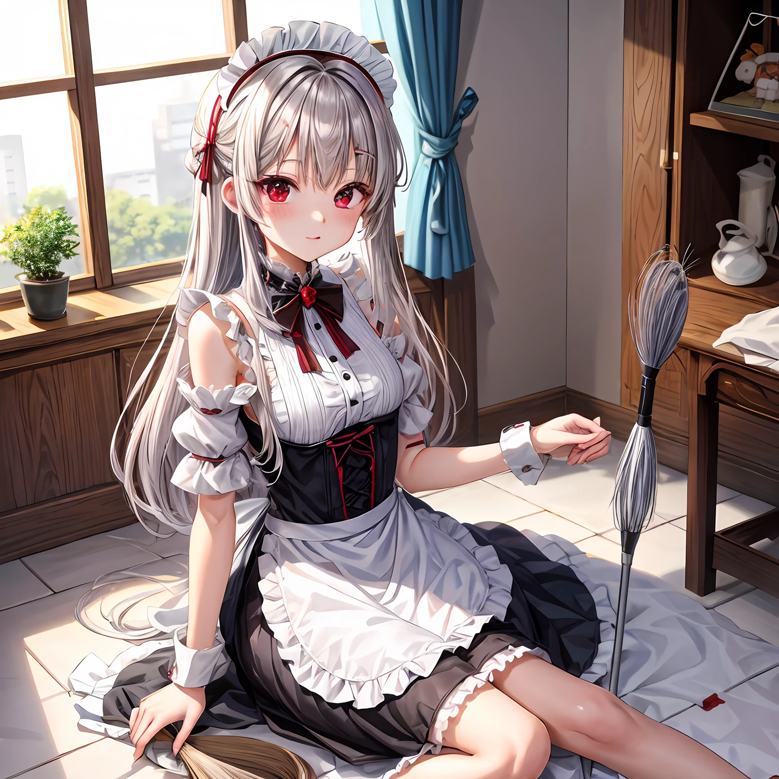 silber hair、red eyes、One pretty girl、独奏、animesque、maid clothes、off shoulders、Cleaning tools