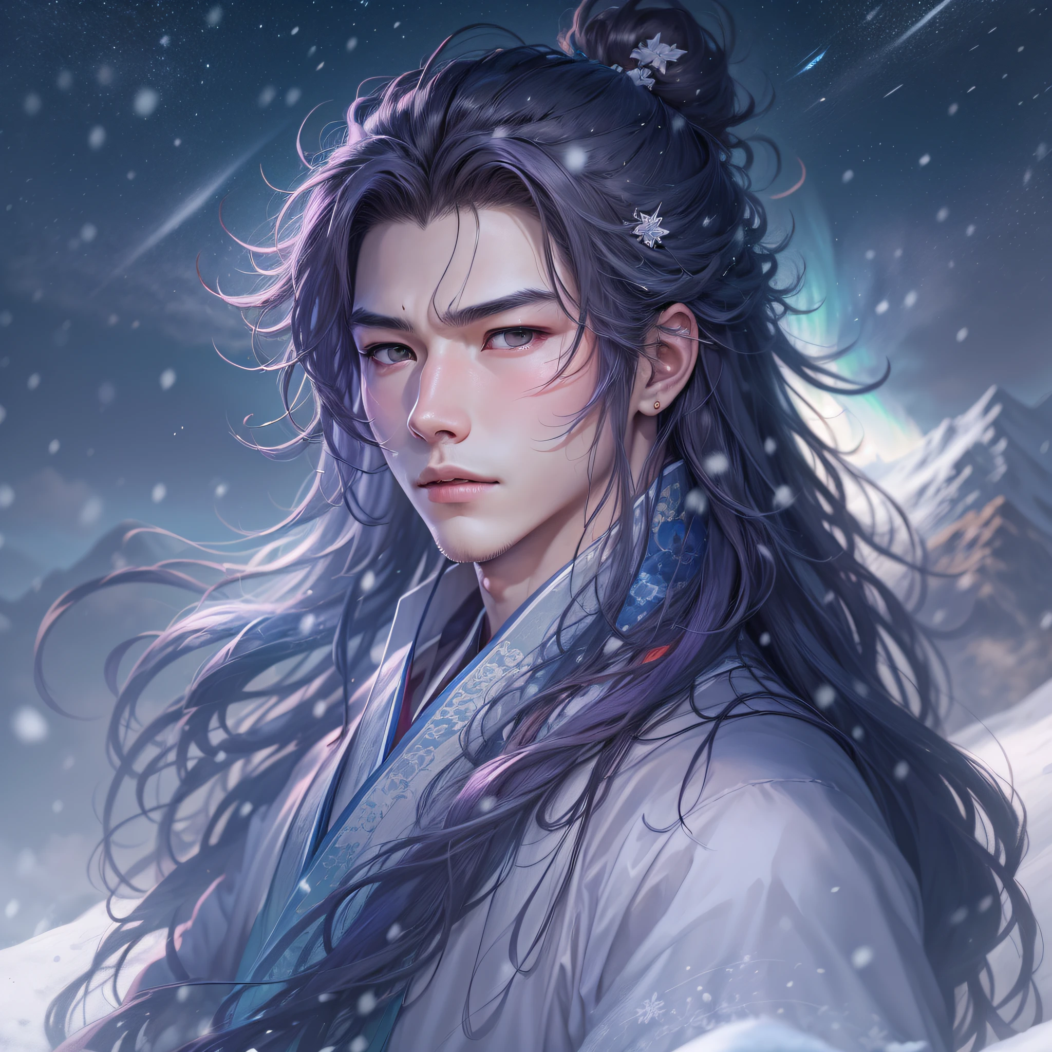 The boy next door,Handsome face,Long messy hair,Que Wu's physique,Chinese,Hanfu,full bodyesbian,Posture,Light purple aurora in snow,snow mountains,rios,Blizzarding,Colorful stars twinkle