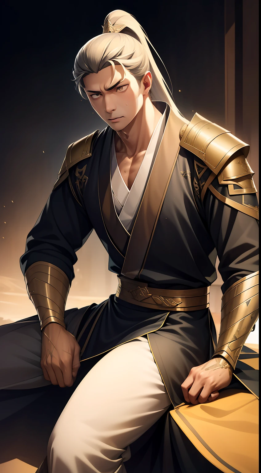 quadratic element,style of anime,mtu(Male Warrior),sit astride,The proportions are correct,Face details,swordsmen,High ponytail hairstyle,Neck details,There is an Adam's apple,Golden Hanfu,kaftan,Embroidered robes,golden robes,clothes details,Handing over,longer sleeves,Game quality,Swordsmanship,Light and shadow tracking,Ray traching,detailed glow,cg render,hair detail,cabellos largos dorados,Golden eyes,Handsome,Handsome,(juvenile sense),Clothing is complicated,Perfectcomposition,Refinement,high qulity,higher details,Lots of details,The background is complex,a sense of atmosphere,