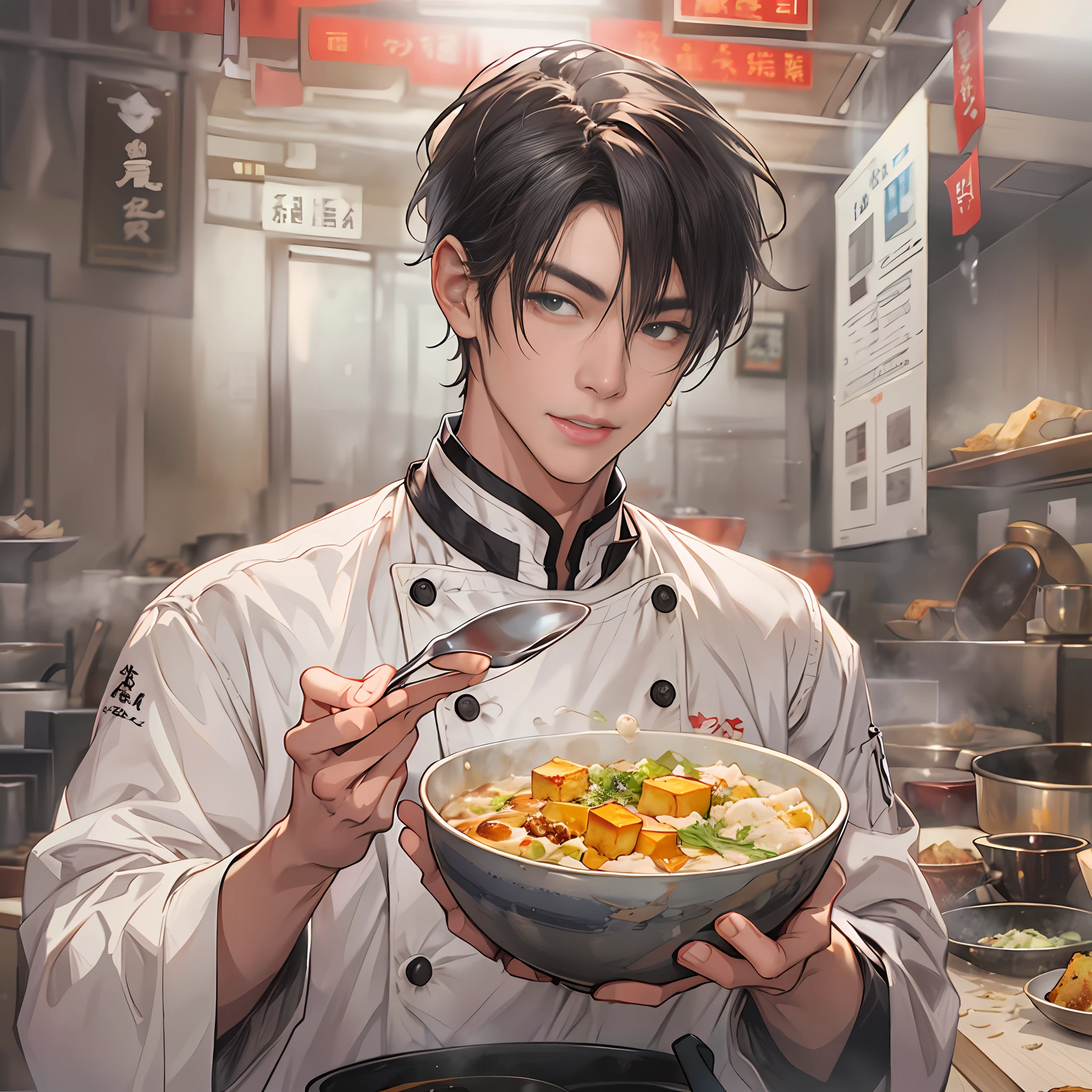 A young and handsome male chef is holding a bowl of savory tofu pudding, with a bill worth 666 yuan in front of him. The tofu pudding is fresh, tender, and enticing, with smooth white tofu and richly flavored ingredients that are visually appealing and delicious.,in the style of the stars art group xing xing, 32k, best quality, masterpiece, super detail, high details
