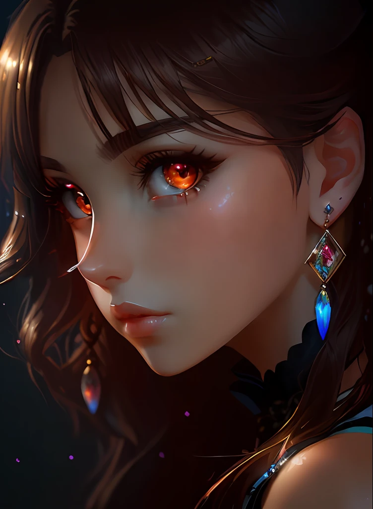 ((top-quality)), ((masterpiece)), ((realisitic)), (detaileds),animesque、anime styled、 (1人の女性)Earrings only accessories、Close up portrait of woman with dark brown hair、Very beautiful glowing eyes, Like crystal clear glass、Tank Tops、Summer clothes、4K high-definition digital art、stunning digital illustration、Stunning 8K artwork、colorfull digital fantasy art、Colorful and bright、beautiful digital works of art、Colorful Digital Anime Art、Portrait of beautiful woman、8K HD Digital Wallpaper Art、 Gorgeous Digital Painting