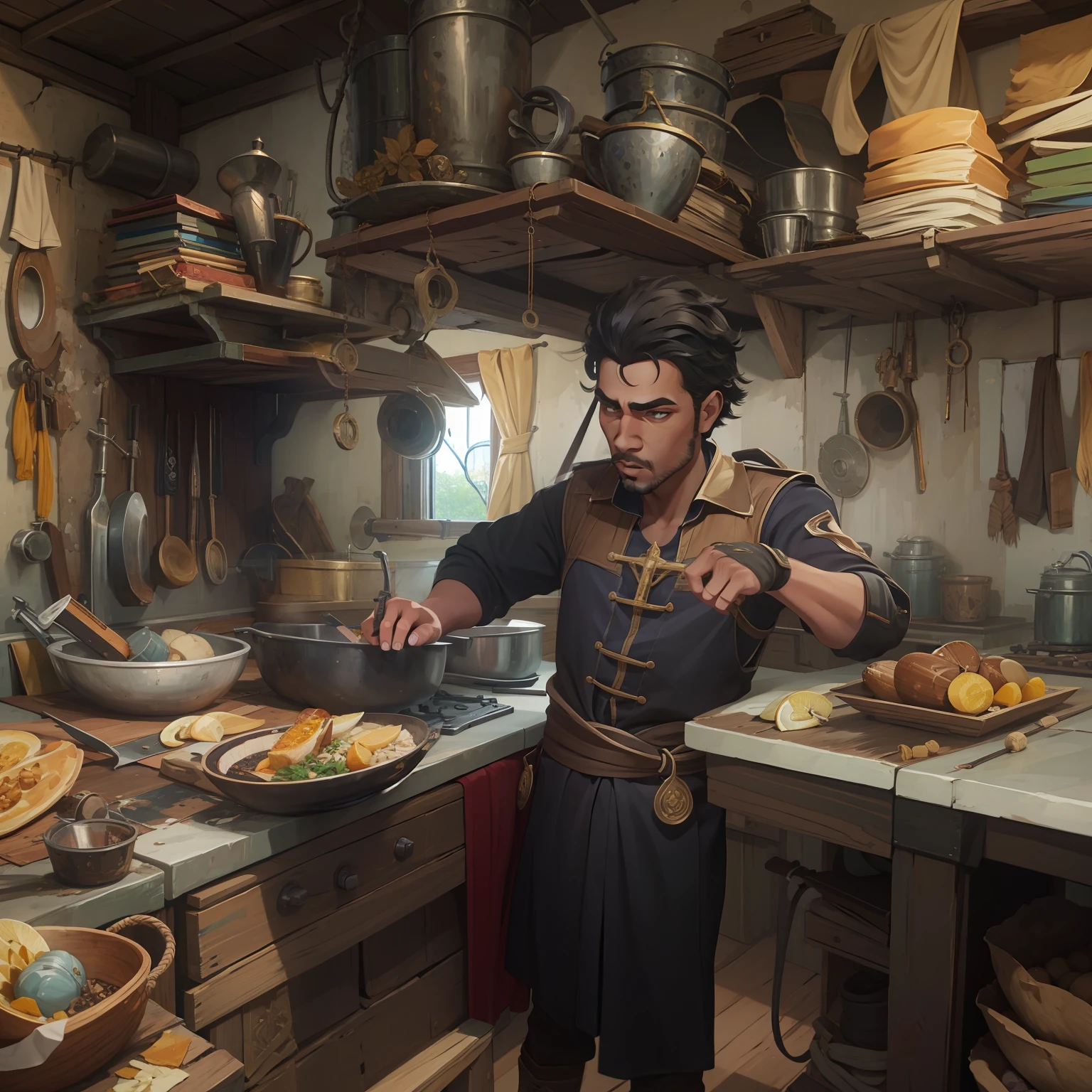Um negro com estilo de pirata, cozinhando em uma cozinha medieval