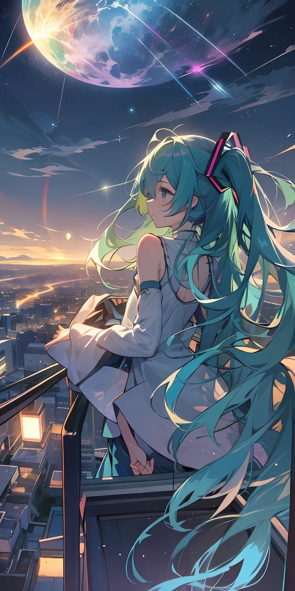 Girl with long emerald hair standing on the rooftop at meteors flowing in the night sky１a person、miku hatsune、Raking up your hair with your hands、Chilling Wind、Rainbow meteor shower