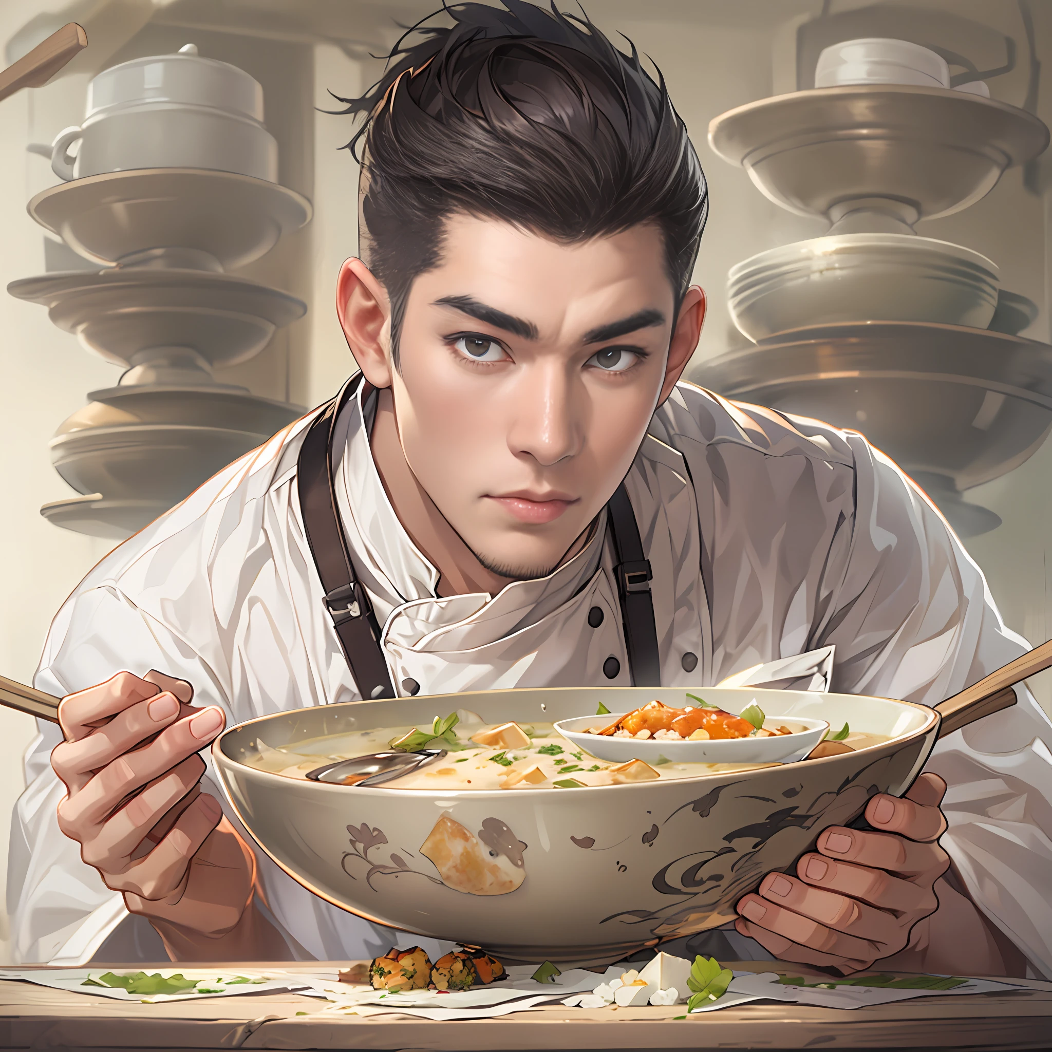 A young and handsome male chef is holding a bowl of savory tofu pudding, with a bill worth 666 yuan in front of him. The tofu pudding is fresh, tender, and enticing, with smooth white tofu and richly flavored ingredients that are visually appealing and delicious.,in the style of the stars art group xing xing, 32k, best quality, masterpiece, super detail, high details