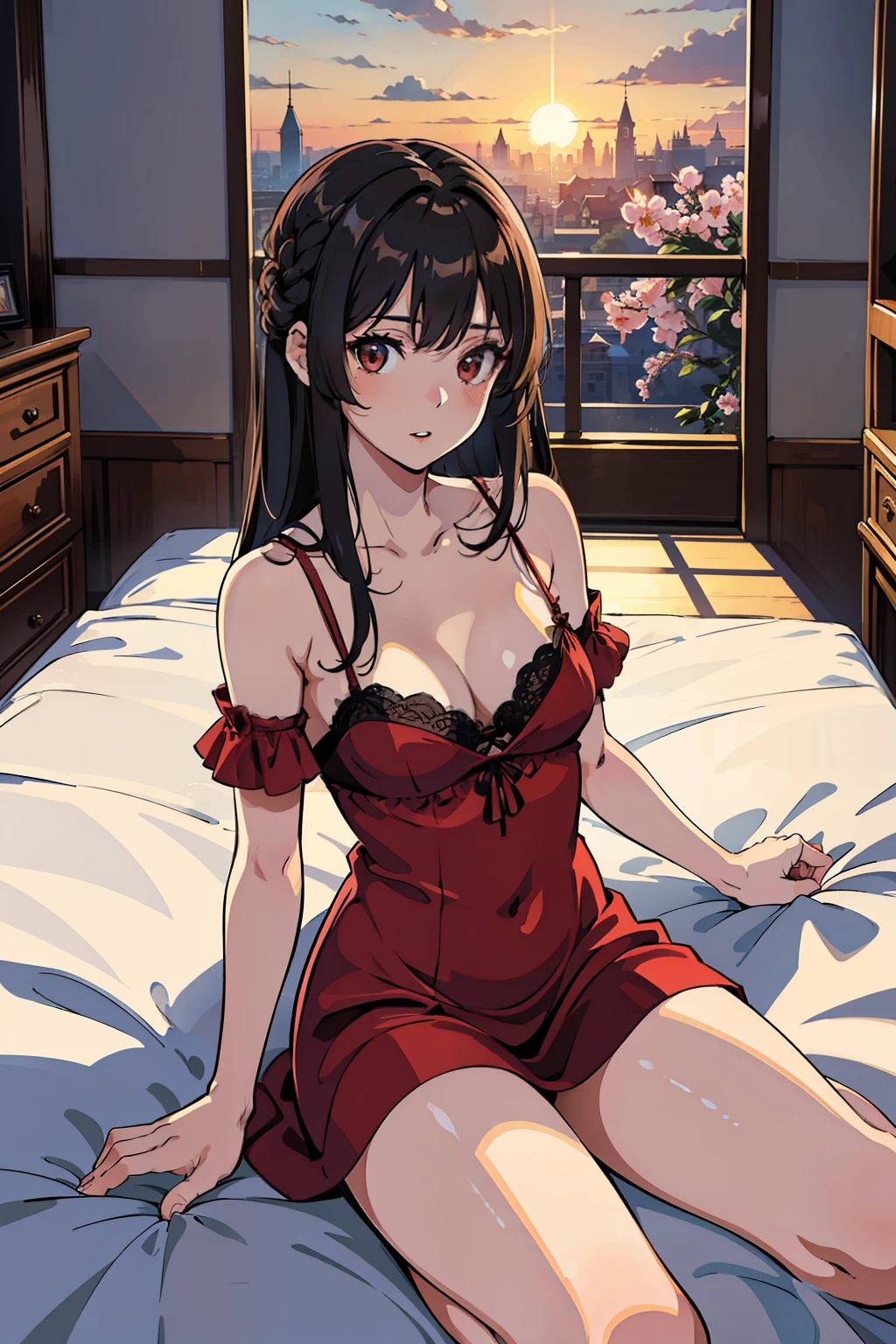 Amazing,  最好质量 , Ultra-detailed, A high resolution, Extremely detailed,Best quality ,Masterpiece, illustration, An extremely delicate and beautiful, Extremely detailed ,CG ,8K wallpaper, Amazing, finedetail, Masterpiece,Best quality,offcial art,,closeup cleavage,volumettic light,Mood lighting,((the setting sun)),Outside the window，blossoms，Dark,𝓡𝓸𝓶𝓪𝓷𝓽𝓲𝓬,True light source,1girll,thighs focus,brunette color hair,((Red silk nightdress)),sit on a bed,Red sheets，smallunderboob,Spread your legs on the M-line,Bare legs,Absolute realm
