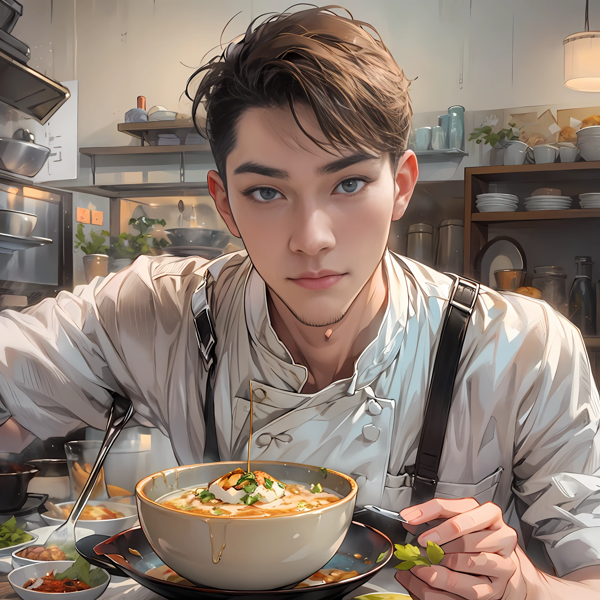 A young and handsome male chef is holding a bowl of savory tofu pudding, with a bill worth 666 yuan in front of him. The tofu pudding is fresh, tender, and enticing, with smooth white tofu and richly flavored ingredients that are visually appealing and delicious.,in the style of the stars art group xing xing, 32k, best quality, masterpiece, super detail, high details