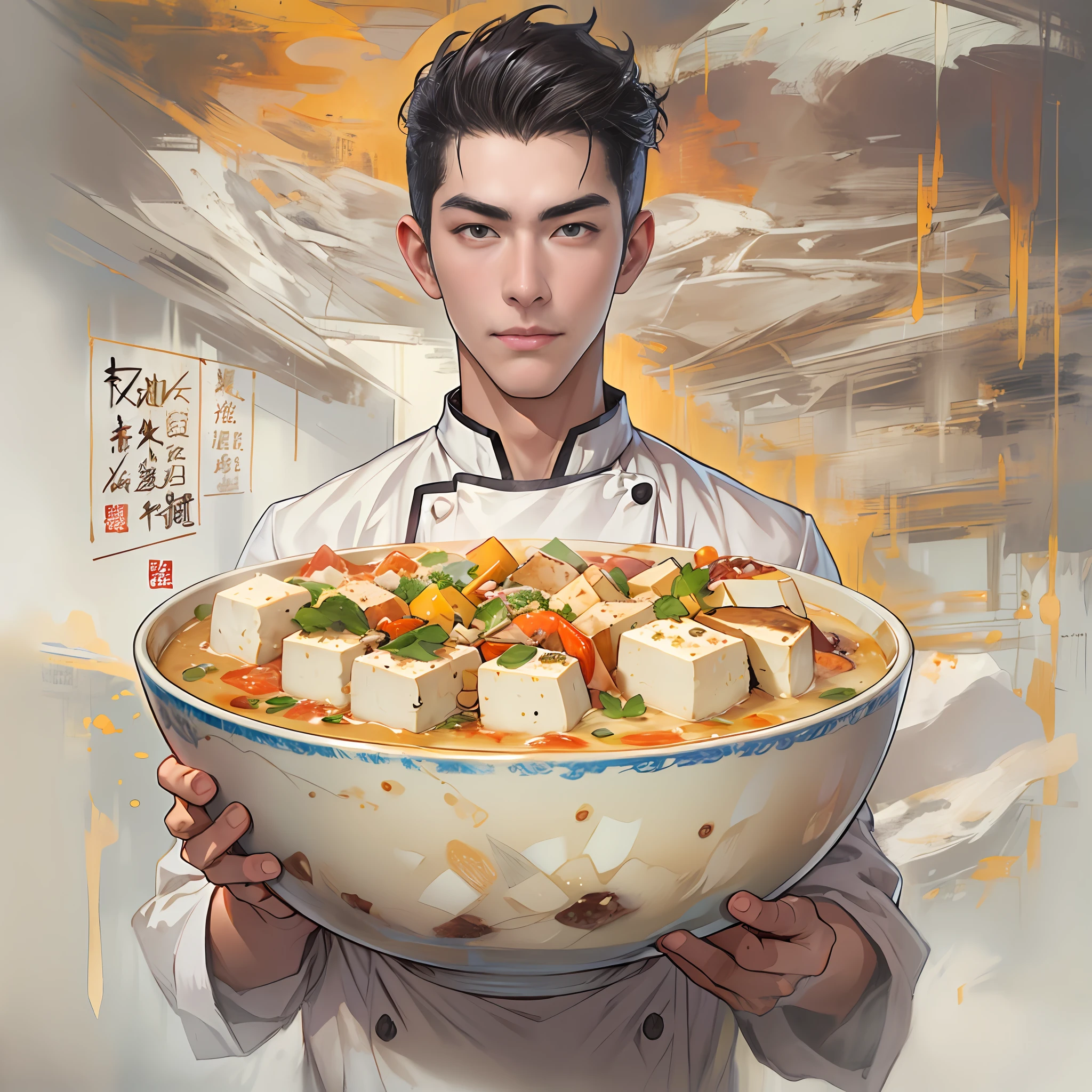 A young and handsome male chef is holding a bowl of savory tofu pudding, with a bill worth 666 yuan in front of him. The tofu pudding is fresh, tender, and enticing, with smooth white tofu and richly flavored ingredients that are visually appealing and delicious.,in the style of the stars art group xing xing, 32k, best quality, masterpiece, super detail, high details