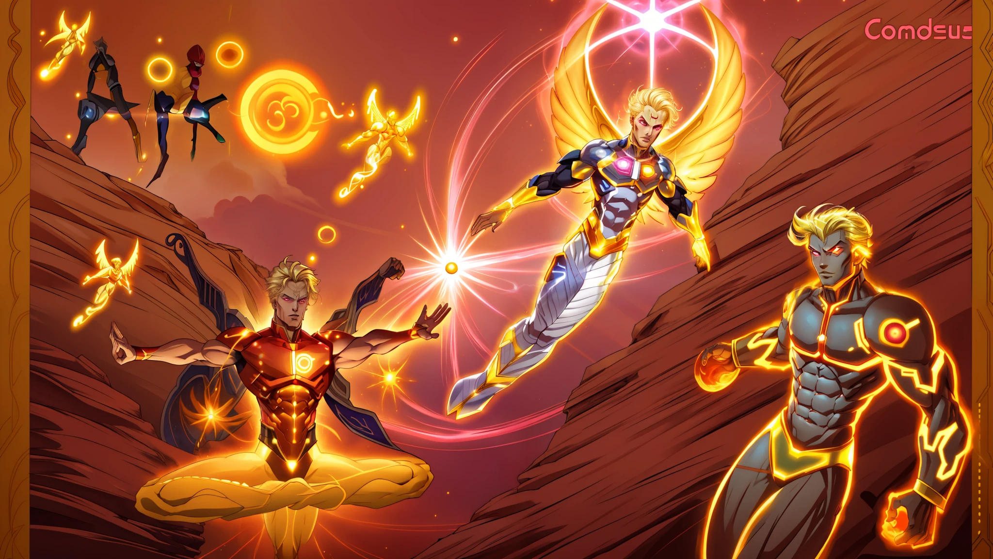 There are three different images of men with different poses, A man with 6 arms and blonde hair and pink eyes, sem roupa e musculoso sarado, some cosmic angels, energetic beings patrolling, inspirado em Hiromu Arakawa, arte de fundo, Energy Dynamic Pose, poder auras, Potencializando a Aura, an epic anime of a energy man, energia do toro, seres solares, Transhumanist Dance, inspired by Mœbius, 8k, ultra realista