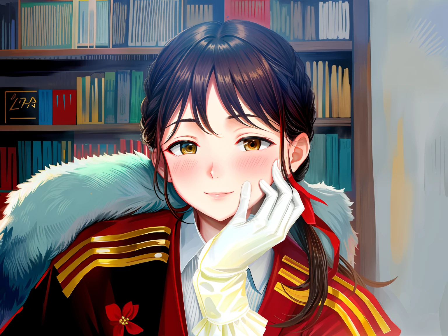 Kizi，Hold your cheek with one hand，adolable，Shy，Be red in the face，laughingly，No gloves