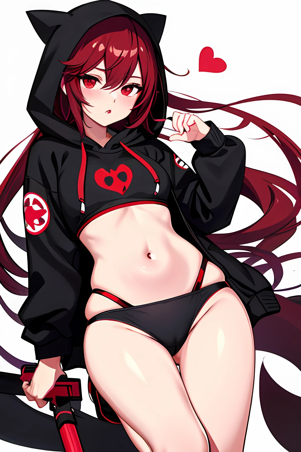 Red eyes, Best quality, Cross-dressing, whaite hair, Small breasts, Heart-shaped eyes, one breast out, Hoodie , buruma, Black sports bra ,Peeing,