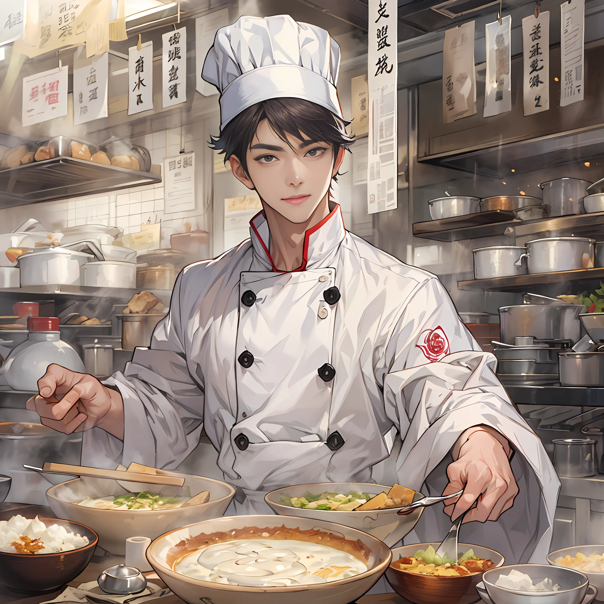 Young handsome male chef with a bowl of delicious tofu pudding, In front of him was a banknote worth 666 yuan. Tofu pudding was fresh, tender, And tempting, Served with smooth white tofu and rich flavored ingredients,Visually appealing and delicious.,in the style of the stars art group xing xing, 32K, Best quality, Masterpiece, Super detail, High details