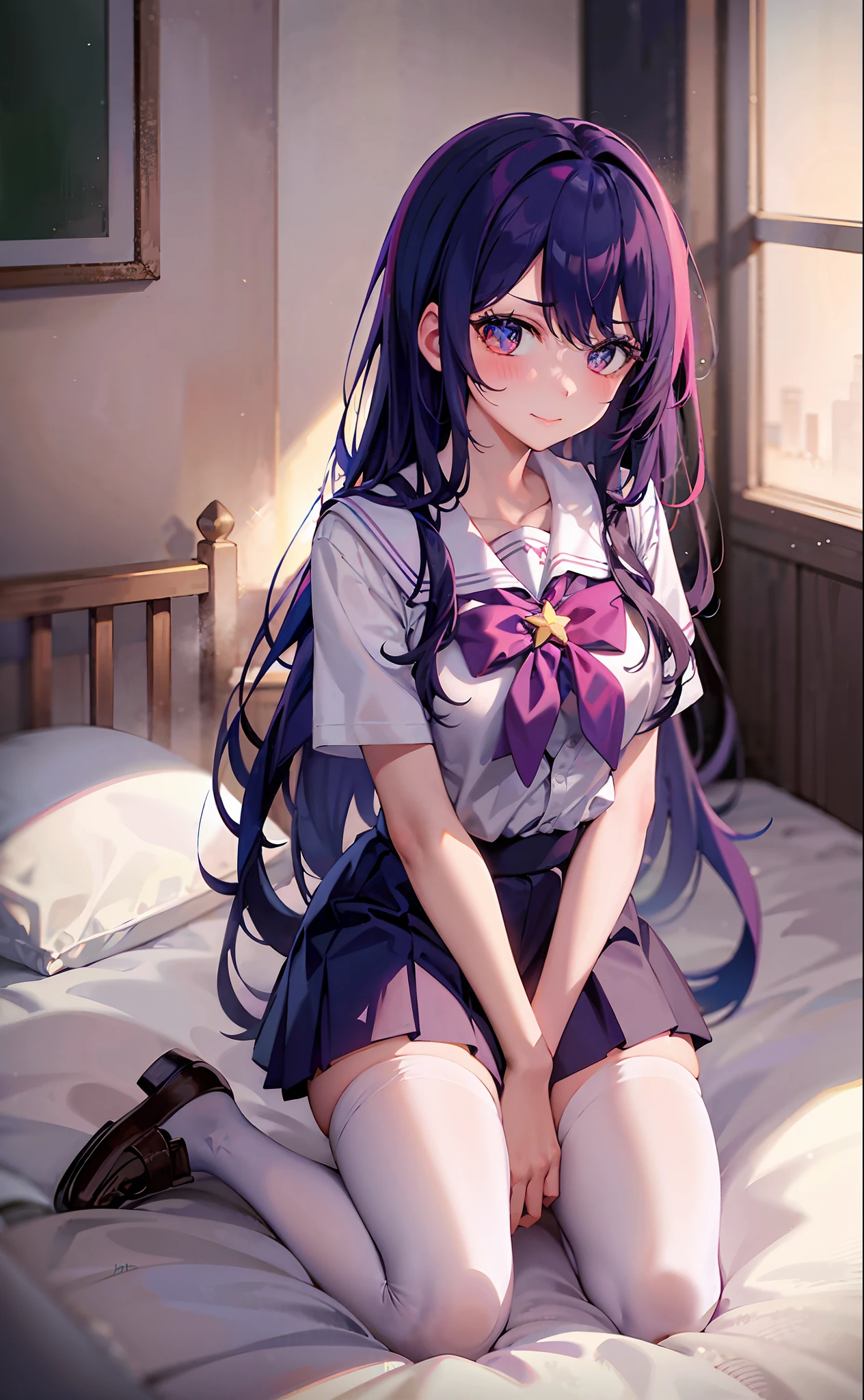 one-girl((There is a five-pointed star in the eye))A girl with long purple hair,(((Blushlush)))JK school uniform,short skirt,Kneeling,Beds,,white stockings