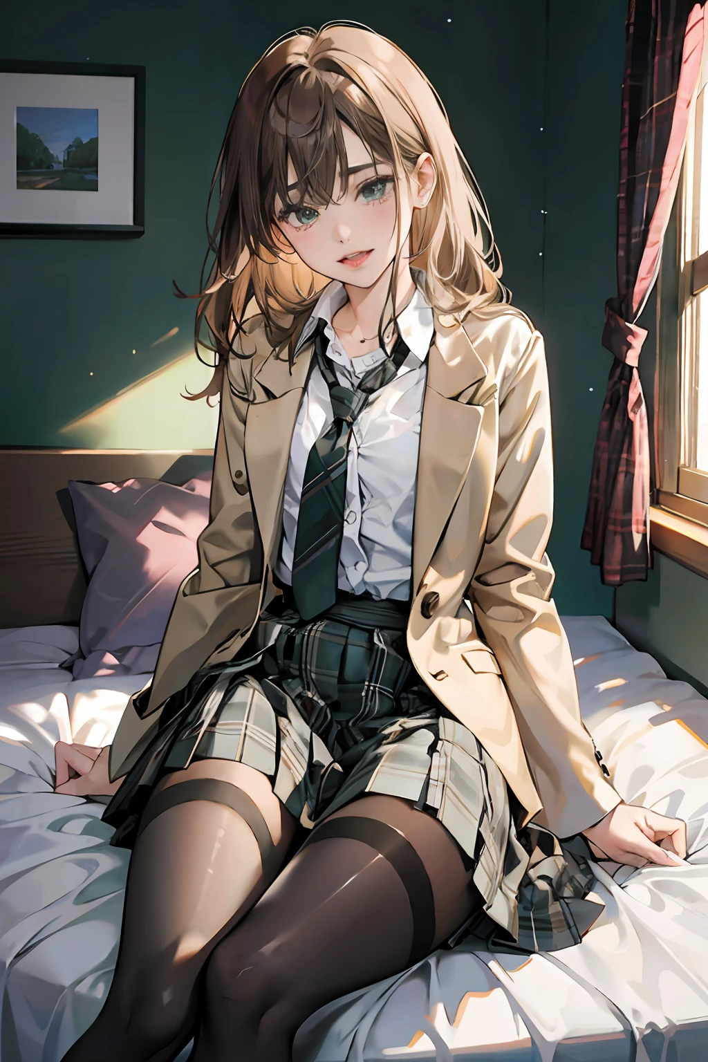 anties pulled aside fuck、2girl、hi-school girl、Sleeping in bed、brownish hair、校服、(Brown blazer)、Ribbon Ties、(Green and gray plaid skirt)、(Black tights)、Undress、Penis insertion、cum shots、​masterpiece、highcontrast、cinematlic lighting、Detailed shading、top-quality、Top image quality