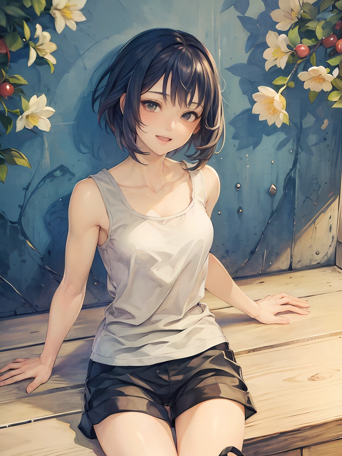 Detailed manga illustrations,(​masterpiece),(top-quality),astonishing,beautifuldetails,highly detailed wallpaper,the Extremely Detailed CG Unity 8K Wallpapers,extremely delicate and beautiful,face perfect, side lights, shinny skin, (brilliance), illuminating, depth of fields, Near and far law,
1 rapariga, :d, black_hair, shortpants,White Tank Top、Panties from the gap in shorts Cherry tree, looking_at_viewer, short_hair, 独奏, full bodyesbian,
细致背景、