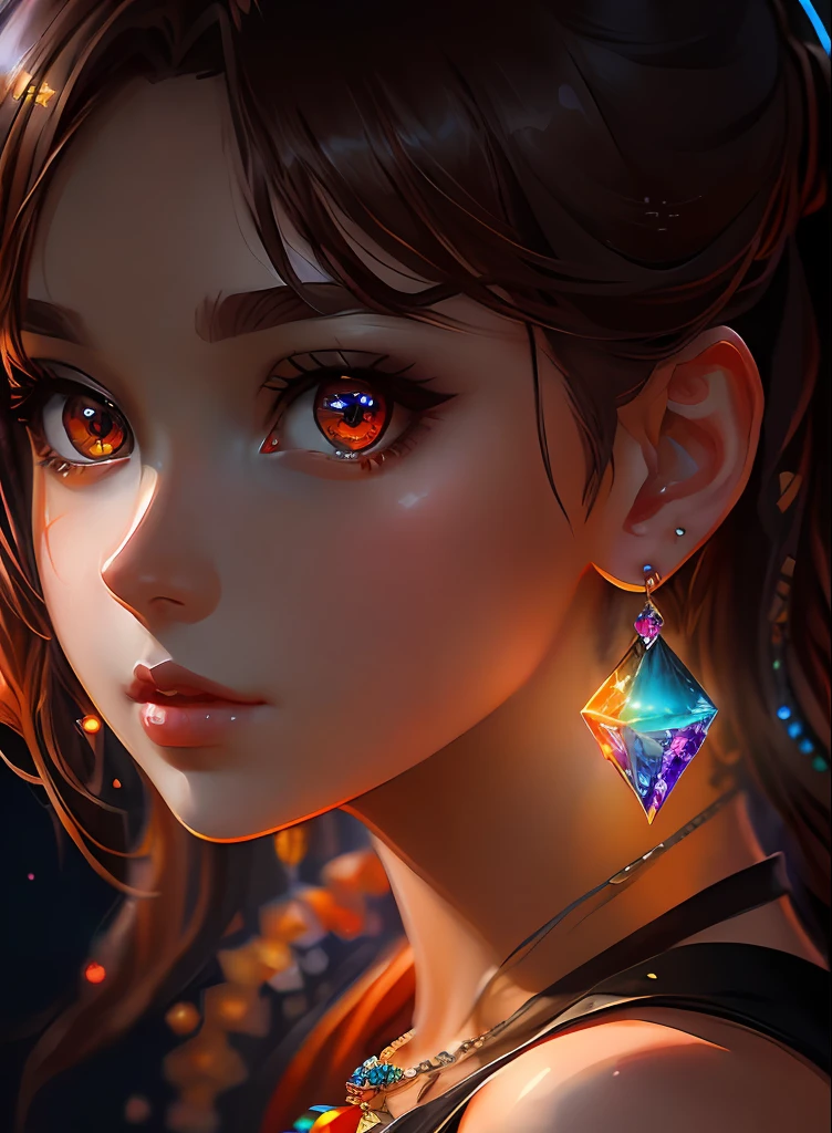((top-quality)), ((masterpiece)), ((realisitic)), (detaileds),animesque、anime styled、 (1人の女性)Earrings only accessories、Close up portrait of woman with dark brown hair、Very beautiful glowing eyes, Like crystal clear glass、Tank Tops、Summer clothes、4K high-definition digital art、stunning digital illustration、Stunning 8K artwork、colorfull digital fantasy art、Colorful and bright、beautiful digital works of art、Colorful Digital Anime Art、Portrait of beautiful woman、8K HD Digital Wallpaper Art、 Gorgeous Digital Painting