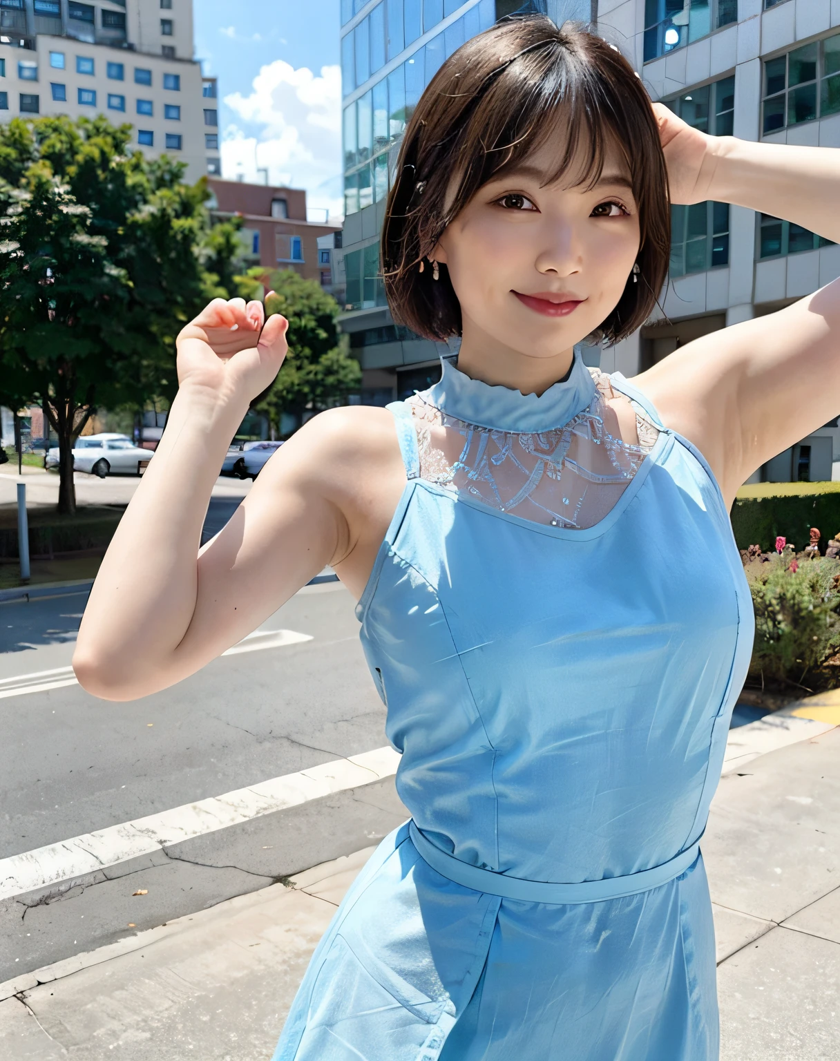 a woman posing on the street corner with light blue dress on, best quality, 1girl, large breasts, day, bright, blur background, bokeh, outdoor, (street:0.8), (people, crowds:1), (lace-trimmed dress:1.5, sleeveless dress, light blue clothes, light blue high-neck dress:1.2, blue dress: 1.5), gorgeous, (short hair, forehead:1.2), beautiful detailed sky, earrings, (dynamic pose:1.2), (upper body:0.8), soft lighting, wind, shiny skin, smile,