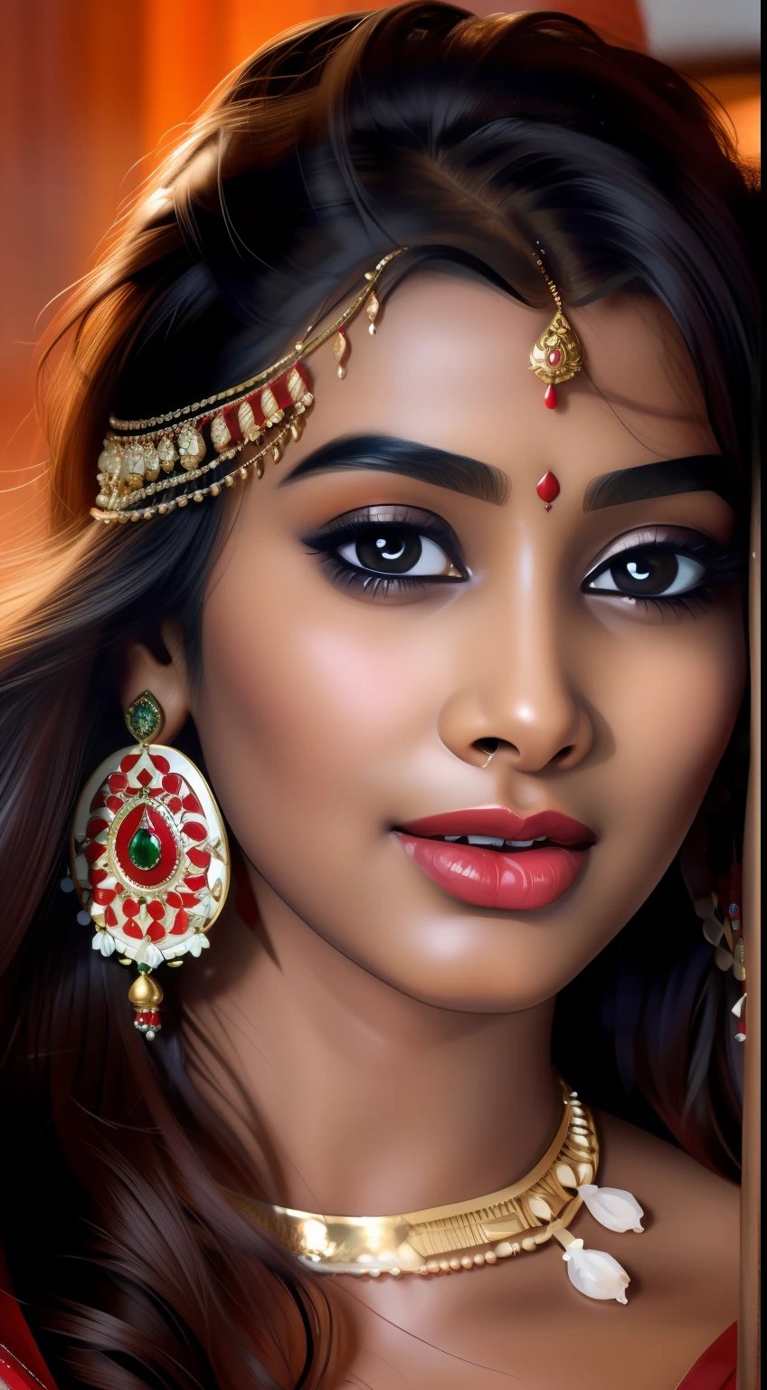 Masterpiece, highest quality, hyper-realistic portrait of an Indian girl with Indian beauty.(8k, best quality), {{cum(sperm) on face}}, cum_in_mouth. Red lipstick. Sindur in head Face is full of cum. Cuming  from mouth.She looking at viewer. Close up face photo. Cum on face mandatory