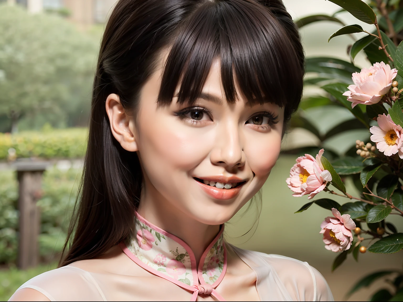 Fashion model 20 years old [[[[closeup cleavage]]]], [[[[boobgasm]]]], [[[[coll]]]], [[[[bshoulders]]]], perfect  eyes, Perfect iris，Perfect lips，perfect teeth，Perfect skin，Long face，slender nose，tall nose bridge，Soft front light，hdr，Movie girl，Pink cheongsam，Red cheongsam，White cheongsam，long whitr hair，Long hair with a shawl，Long hair like a waterfall，Green trees and flowers in the background，（pastel colour：1.2）