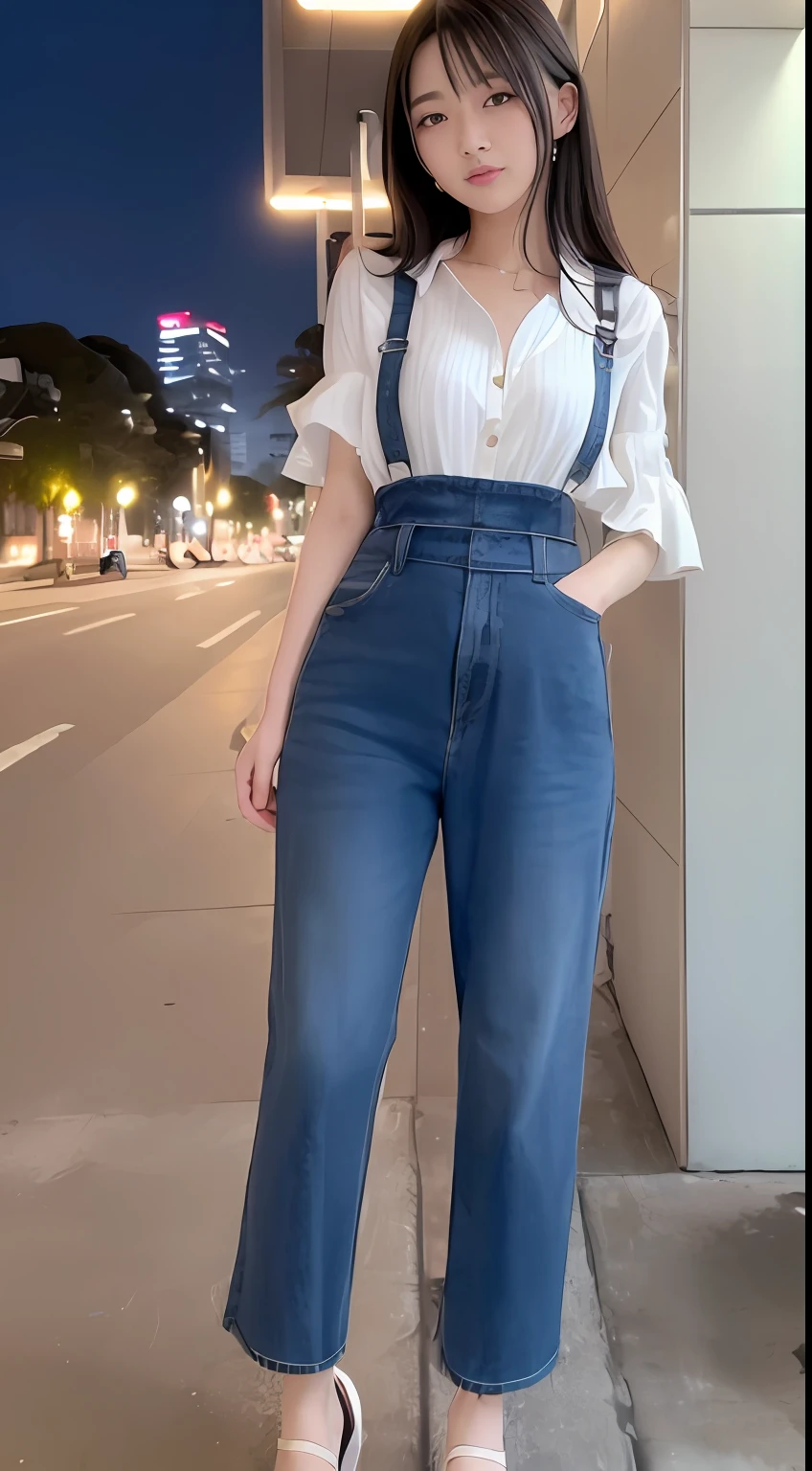 ((mid night、top-quality、8K、​masterpiece:1.3)), full body Esbian, long legged, foco nítido:1.2, Beautiful woman with perfect body shape:1.4, Slender Abs:1.1, (Jean Bib, is standing:1.2), ((Night City View、)), Highly detailed facial and skin texture, A detailed eye, 二重まぶた、Plain clothe、cafes、doress、