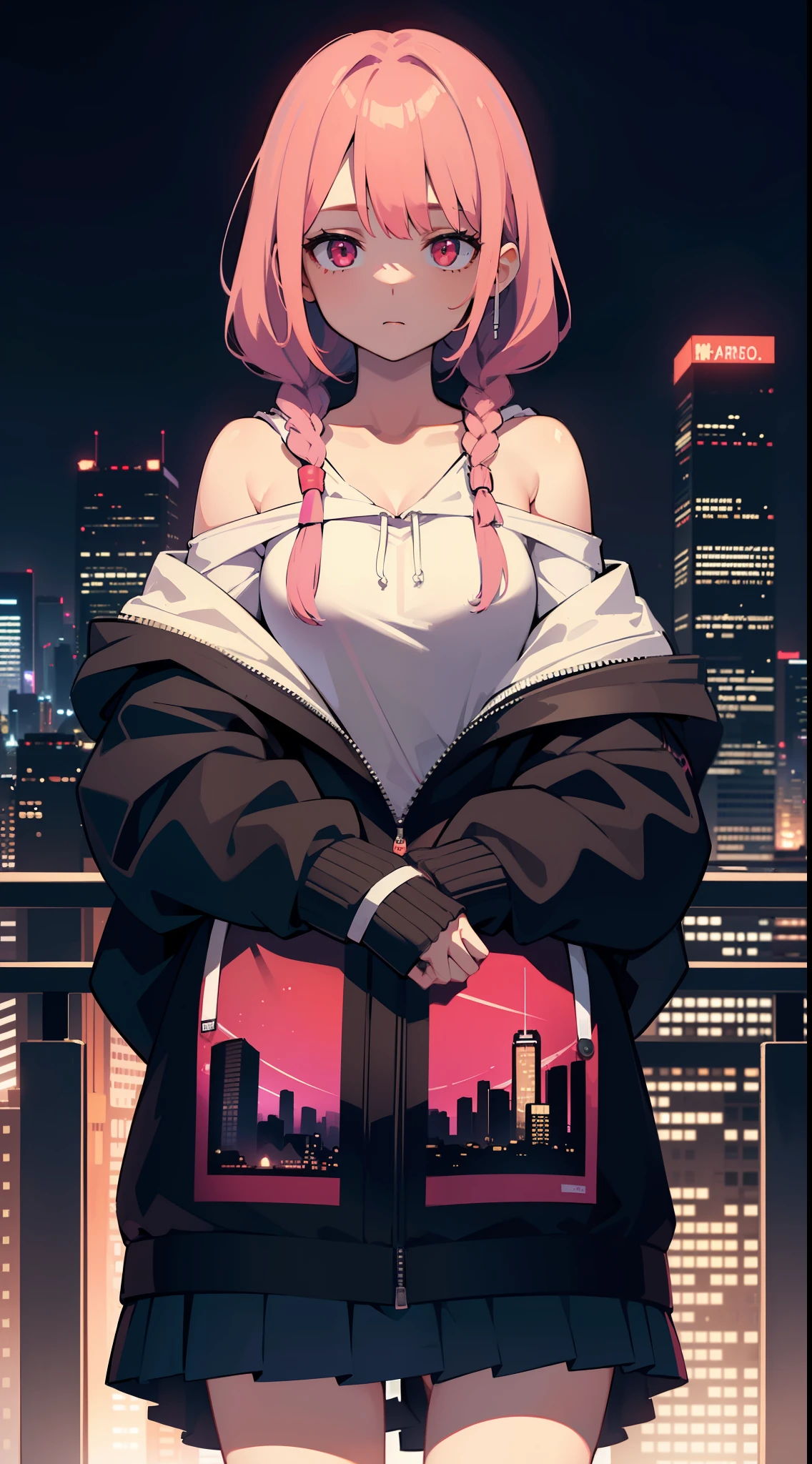 1girl, solo, loli, petite, (very_long_hair), (pink_hair:1.2), braids, (red_eyes), medium_breasts, (white_shirt:1.5), (windbreaker), (off_shoulder:1.2), (portrait), glowing_eyes, background_light, (cityscape:1.5), (pleated skirt)(neon_lights:1.2), (science), cyberpunk, ((masterpiece)), (highres), (best_quality), (highly_detailed), (original),(Delicate background),(extremely detailed 8K wallpaper),cinematic lighting, volume lighting, light particles, shaded_face, beautiful_detailed_eyes, depth_of_field, perspective,(hood:1.5),