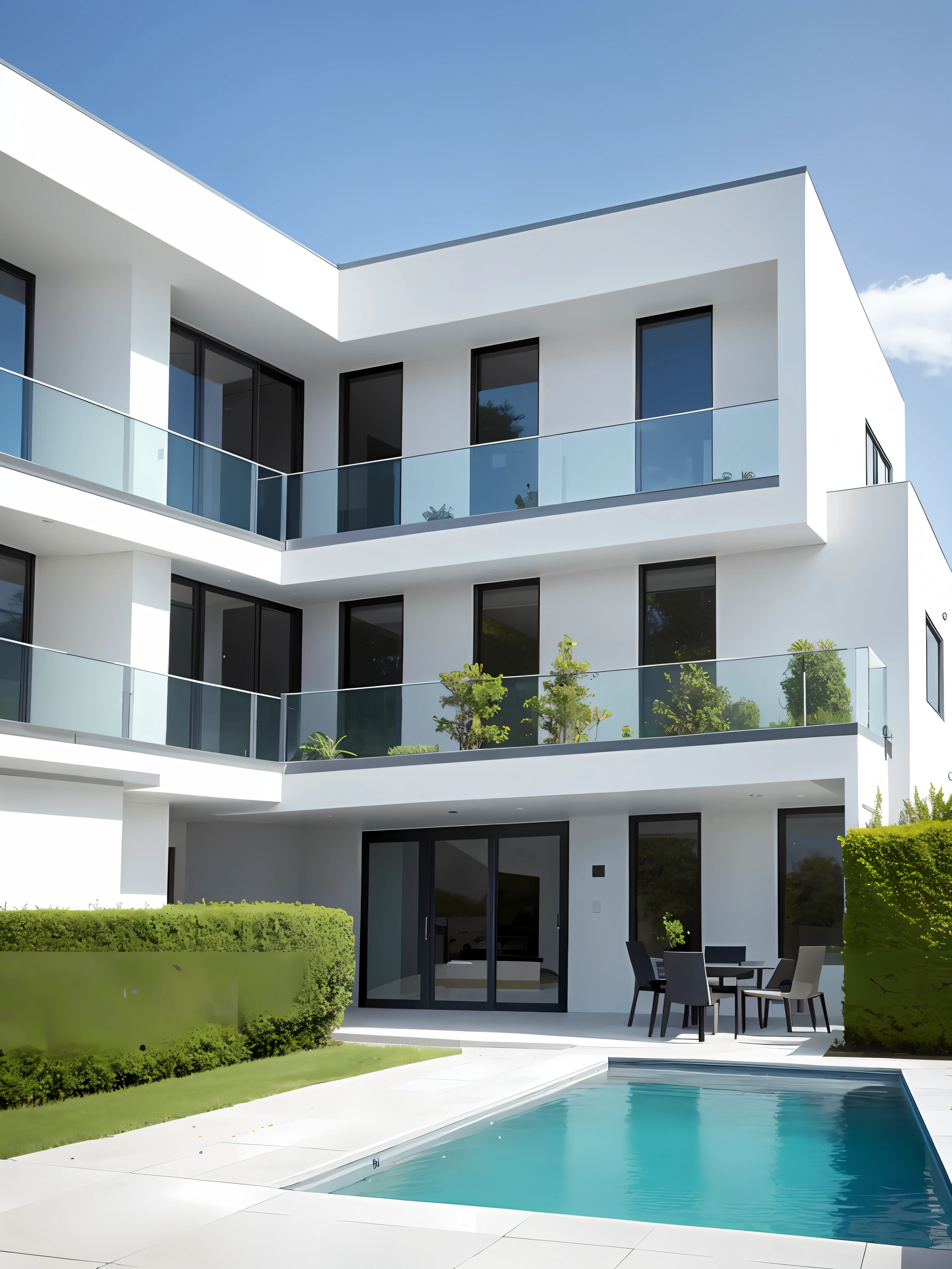 modern architecture of new complex home, high building and low building, good perspective, front pool and courtyard, , trees, sky, cloud, realistic, illustation, (8K, masterpiece), (best quality), (high resolution), (extremely full detailed)