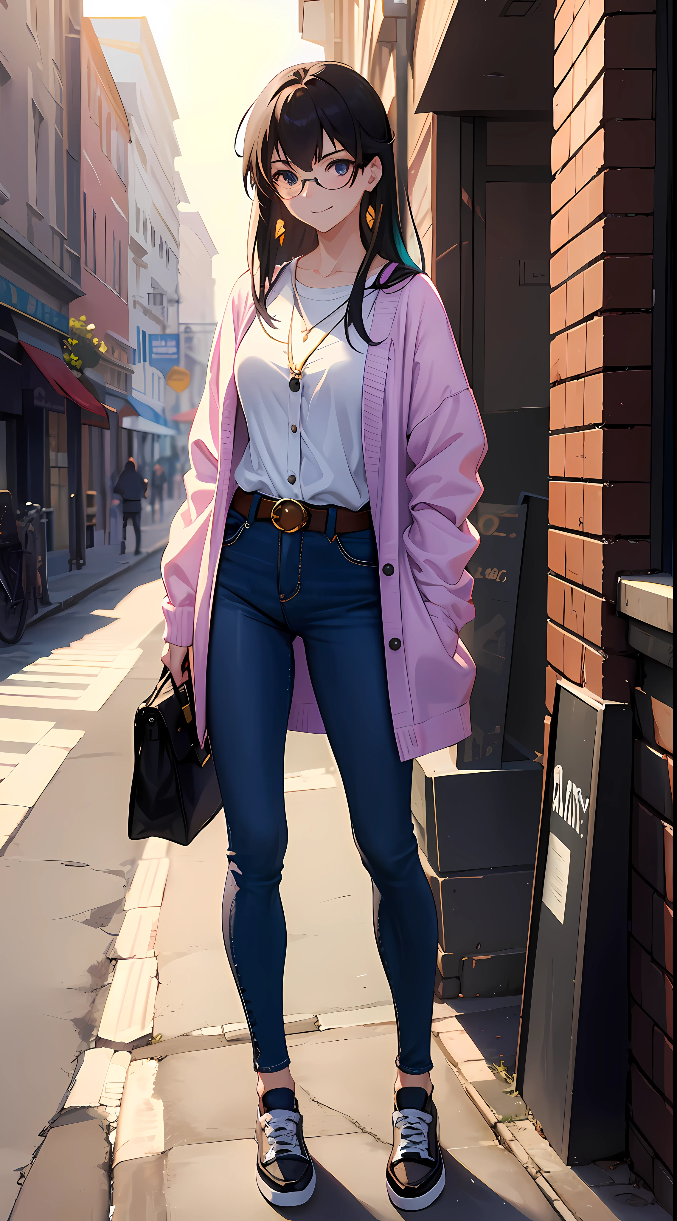 (masterpiece), best quality, (expressive eyes: 1.5), perfect face, multicolored hair, many line in hair, blunt bangs long hair, enigmatic eyes, smirk, earings, pendant, wink, ((makoto shinkai style)), (bright eyes: 1.3), glasses, short body, shirt, purple cardigan, button on, sneaker shoes, cute bag, long jeans pant, cute belt, contrapposto,
(Street: 0.2), sunny day, outdoor, cozy, bokeh, HDR, UHDR, 4K, 8K, 64K, ((highly detailed)), sunray