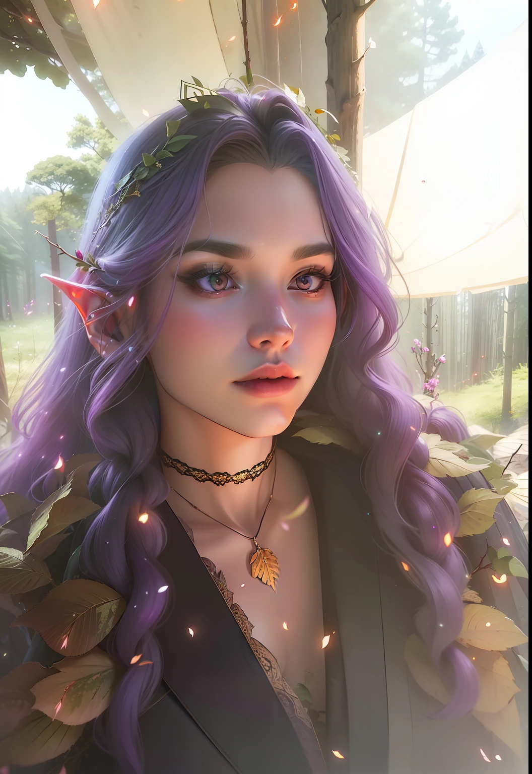 tmasterpiece, (beste-Qualit), (the best illustration), (better shadow), Elf with purple hair. Mysterious forest, Beautiful forest, Nature, surrounded by flowers, tender leaves and branches, surrounded by fireflies (Natural elements), (leaves), (Branch), (Fireflies), (particle fx) and other 3D, Octane rendering, ray traced, Super detailed