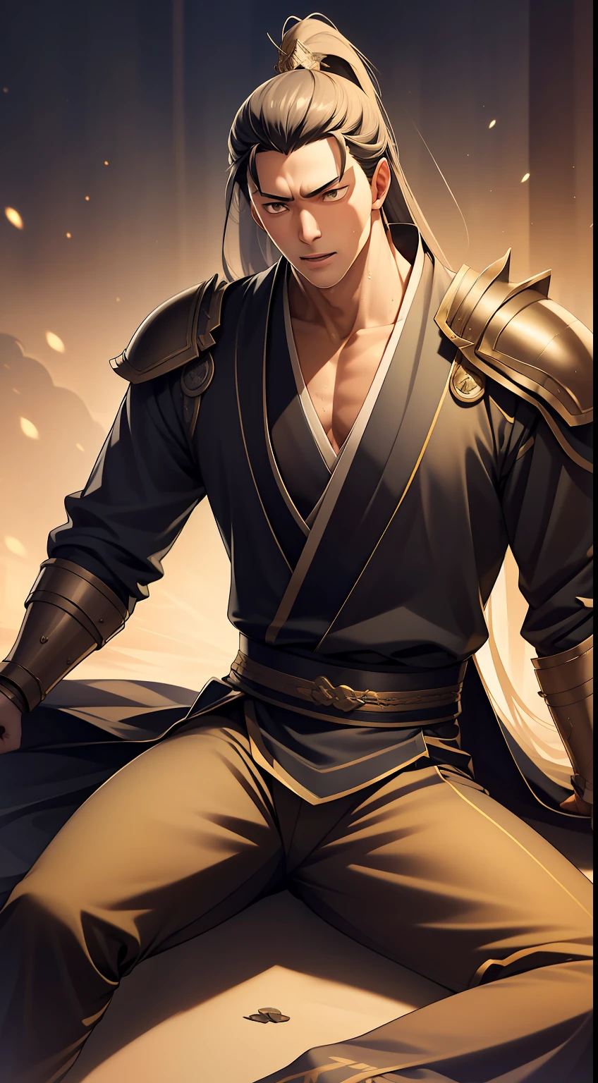 quadratic element,style of anime,mtu(Male Warrior),sit astride,The proportions are correct,Face details,swordsmen,High ponytail hairstyle,Neck details,There is an Adam's apple,Black Hanfu,kaftan,clothes details,Handing over,longer sleeves,Game quality,Swordsmanship,Light and shadow tracking,Ray traching,detailed glow,cg render,hair detail,cabelos preto e longos,Black ㇏ eyes,Handsome,Handsome,(juvenile sense),Clothing is complicated,Perfectcomposition,Refinement,high qulity,higher details,Lots of details,The background is complex,a sense of atmosphere,