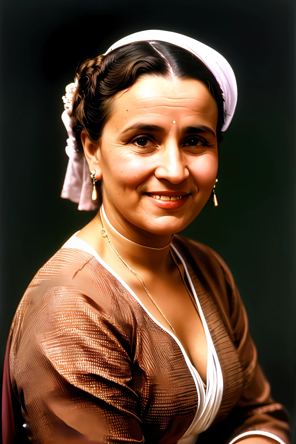 Uma fotografia colorida de uma (mulher idosa:1.5)com um sorriso feliz, highlighting your expression wrinkles, vestindo um vestido social. Sua pose e postura sao de uma senhora muito gentil. It is a promotional portrait in the style of Taras Shevchenko, inspirado em Yousuf Karsh, An epic and elegant representation, taking inspiration from Wladyslaw Strzeminski and Paweł Kluza.