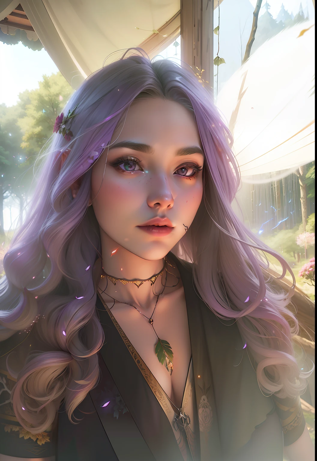 tmasterpiece, (beste-Qualit), (the best illustration), (better shadow), Elf with purple hair. Mysterious forest, Beautiful forest, Nature, surrounded by flowers, tender leaves and branches, surrounded by fireflies (Natural elements), (leaves), (Branch), (Fireflies), (particle fx) and other 3D, Octane rendering, ray traced, Super detailed