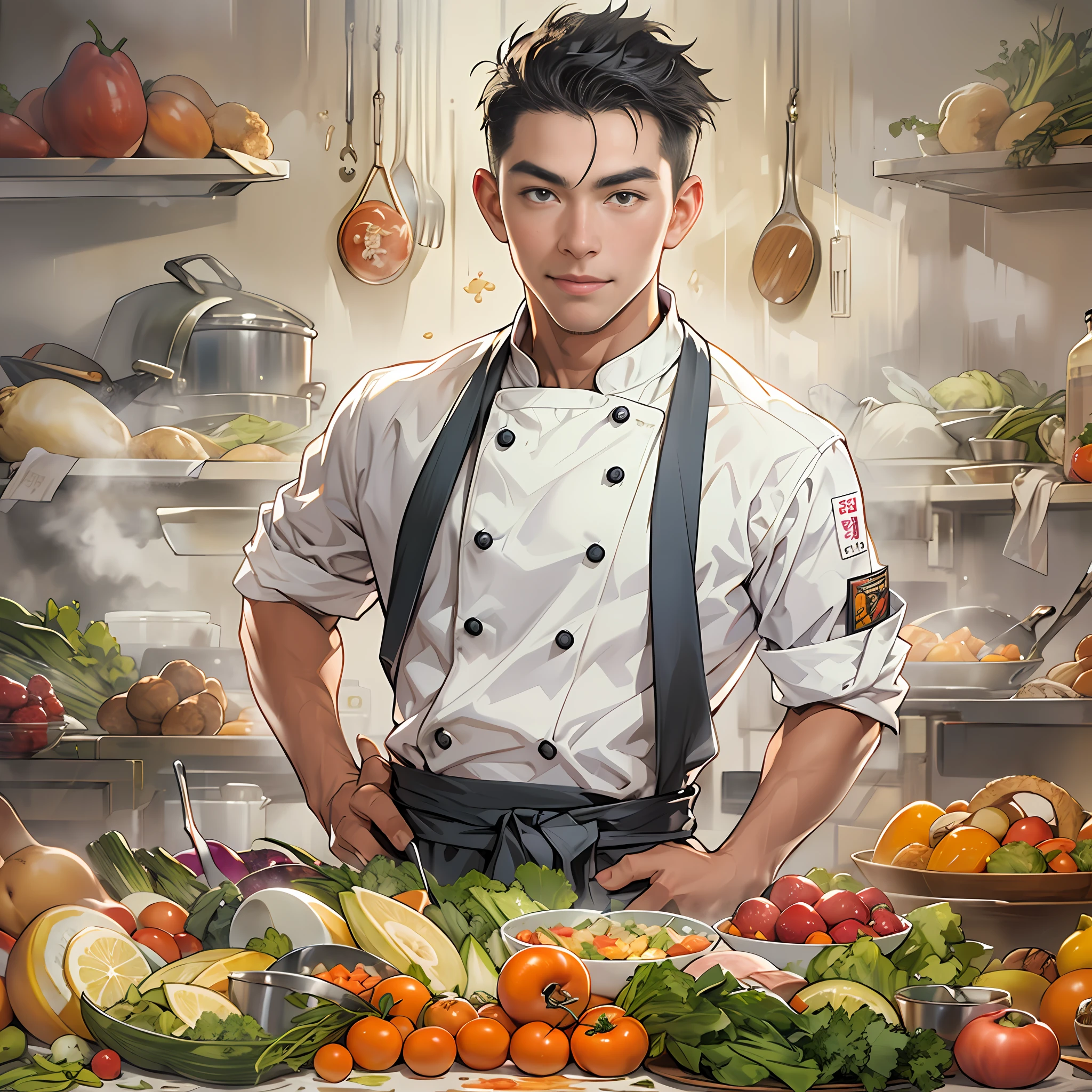 A young and handsome chef with a slight smile on his lips, hands on hips, exuding confidence in his gaze. Various images of ingredients float around him, such as vegetables, fruits, meats, and more.,in the style of the stars art group xing xing, 32k, best quality, masterpiece, super detail, high details