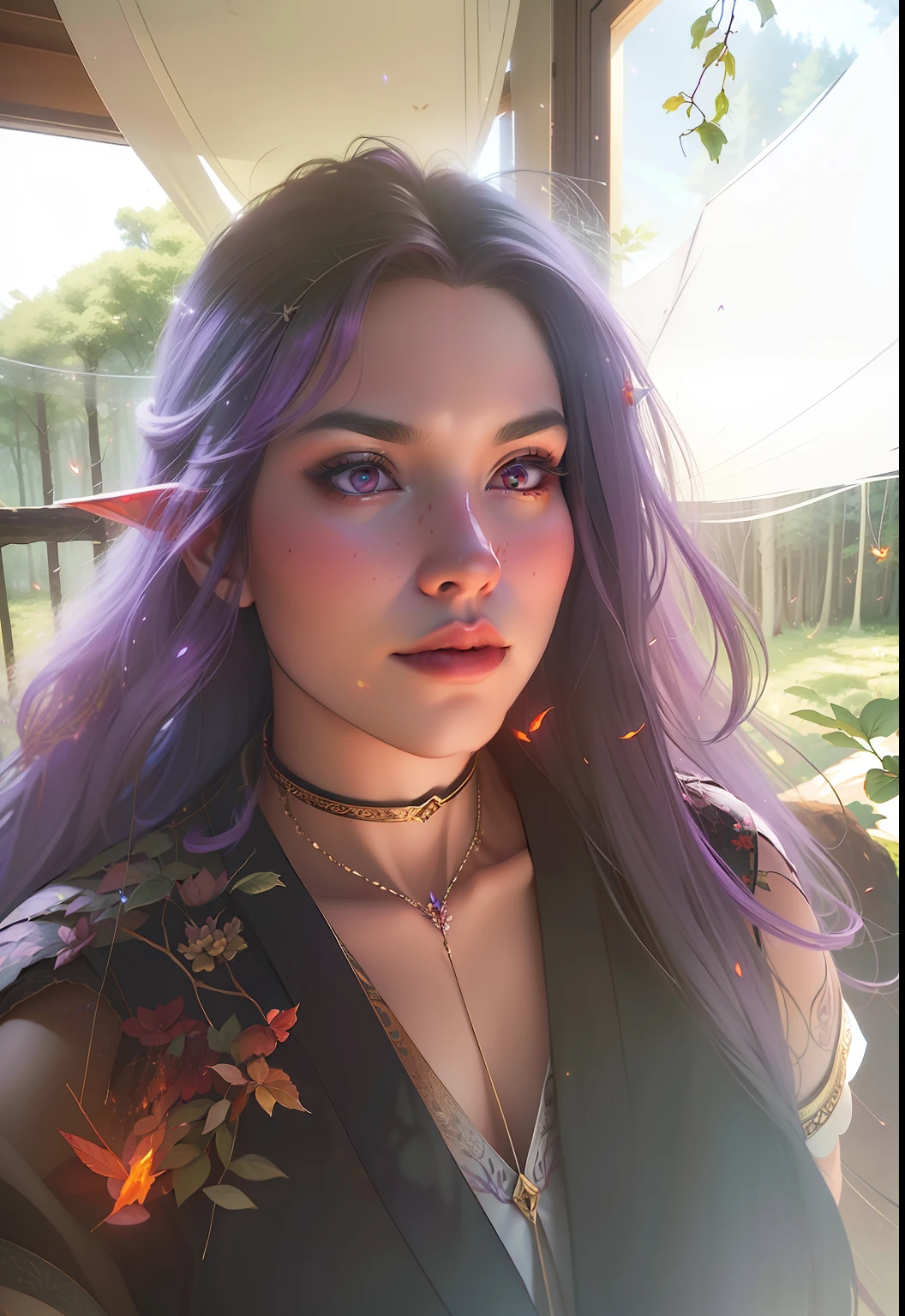 tmasterpiece, (beste-Qualit), (the best illustration), (better shadow), Elf with purple hair. Mysterious forest, Beautiful forest, Nature, surrounded by flowers, tender leaves and branches, surrounded by fireflies (Natural elements), (leaves), (Branch), (Fireflies), (particle fx) and other 3D, Octane rendering, ray traced, Super detailed