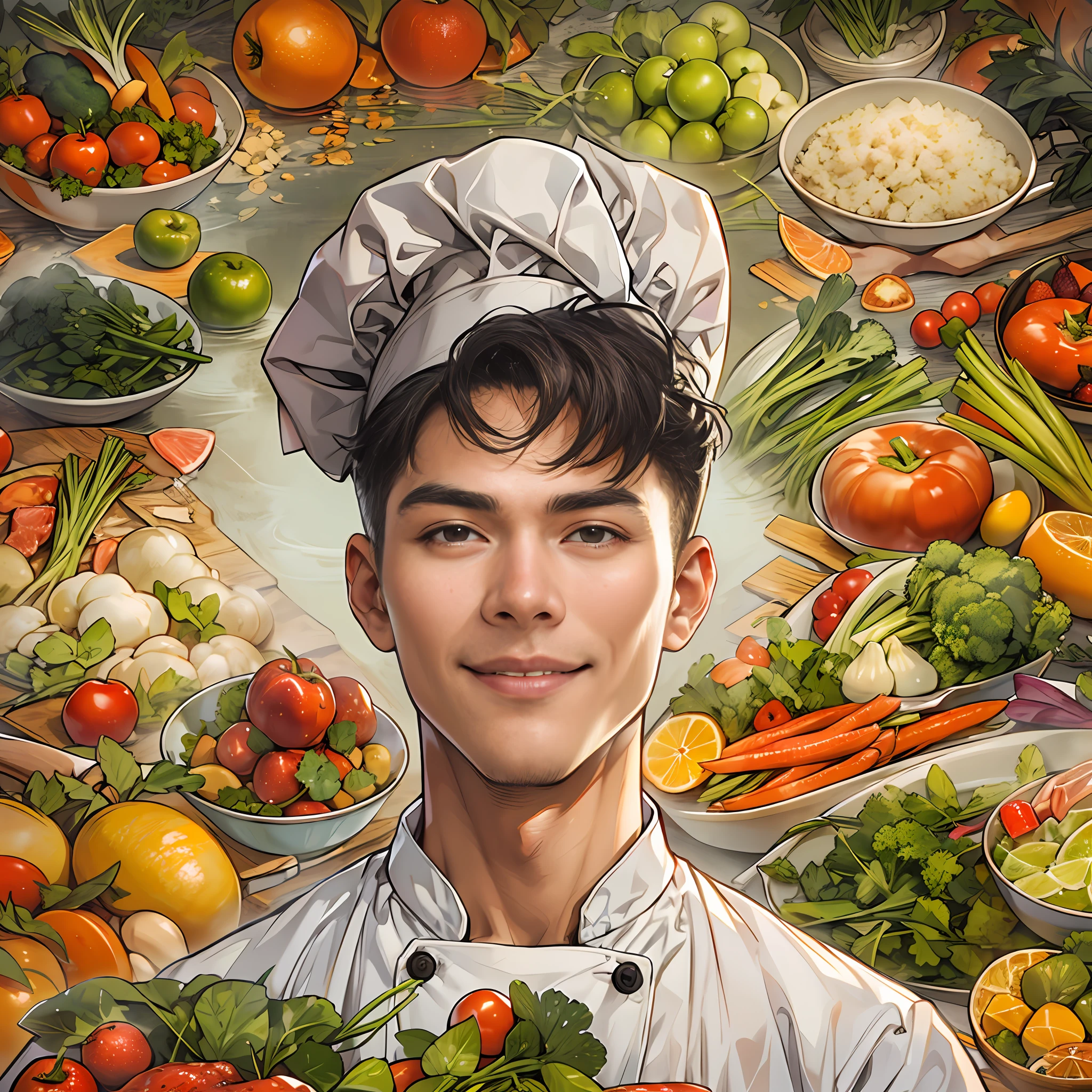 A young and handsome chef with a slight smile on his lips, hands on hips, exuding confidence in his gaze. Various images of ingredients float around him, such as vegetables, fruits, meats, and more.,in the style of the stars art group xing xing, 32k, best quality, masterpiece, super detail, high details