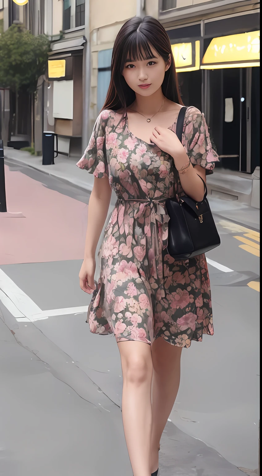 ((mid night、top-quality、8K、​masterpiece:1.3)), full body Esbian, long legged, foco nítido:1.2, Beautiful woman with perfect body shape:1.4, Slender Abs:1.1, (Jean Bib, is standing:1.2), ((Night City View、)), Highly detailed facial and skin texture, A detailed eye, 二重まぶた、Plain clothe、cafes、Summer dress with floral pattern
