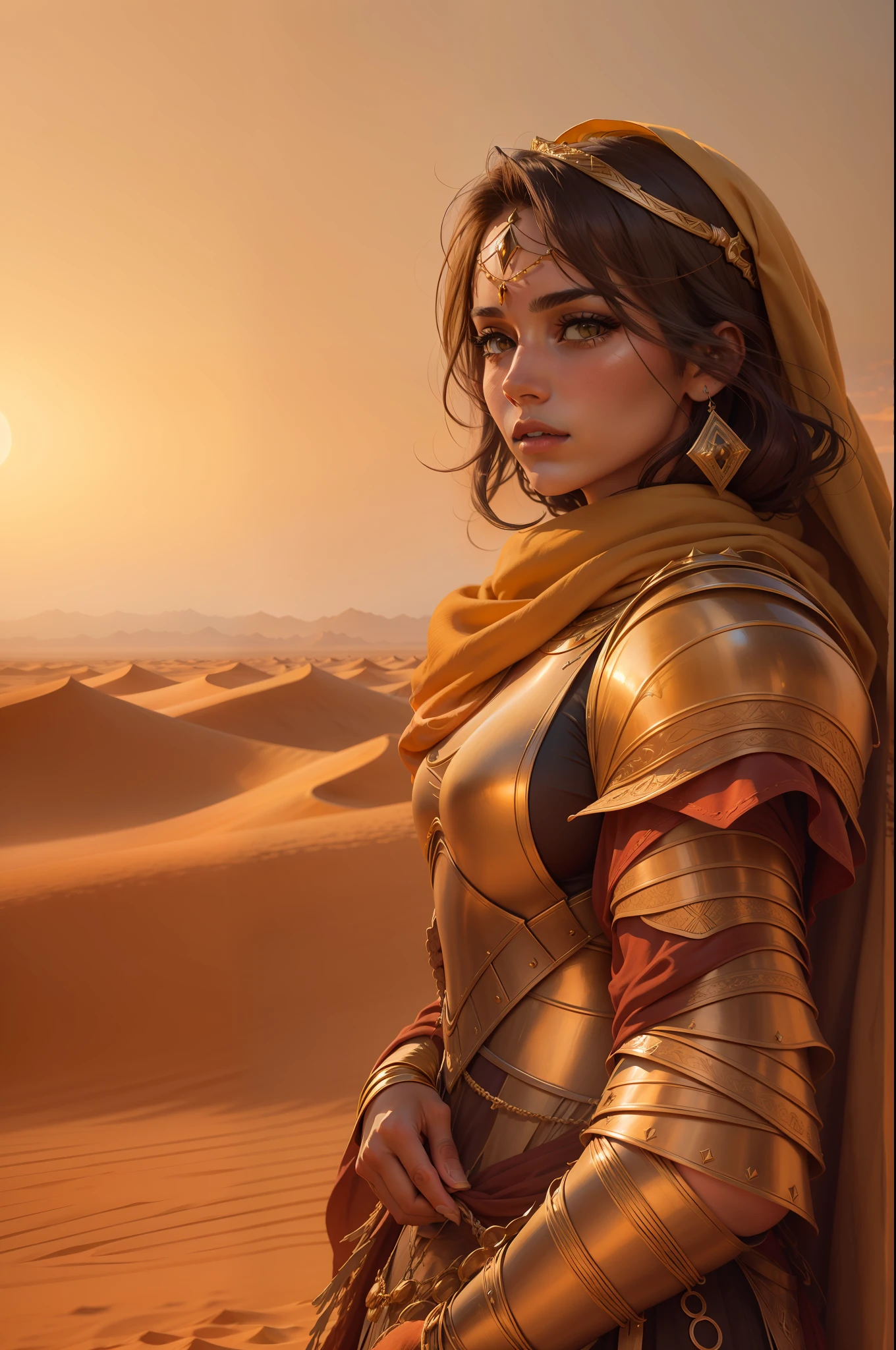 Arabian woman knight with fair skin, wearing bronze armor, depicted in a vast desert with sand dunes, during a warm sunset with golden hues. She has an updo hairstyle with loose strands, and she is holding a bow. The camera used is a high-quality model. The composition focuses on capturing the Arabian woman knight as the main subject, with the desert landscape serving as a backdrop. The perspective is chosen to highlight the knight's strength and elegance. The lighting emphasizes the warm, golden tones of the sunset, creating a visually striking scene. The depth of field is carefully adjusted to ensure the Arabian woman knight and the desert are both in sharp focus. The shutter speed is set to capture any movement with precision. The overall photo quality is exceptional, capturing every detail and nuance of the Arabian woman knight, the desert, and the sunset.