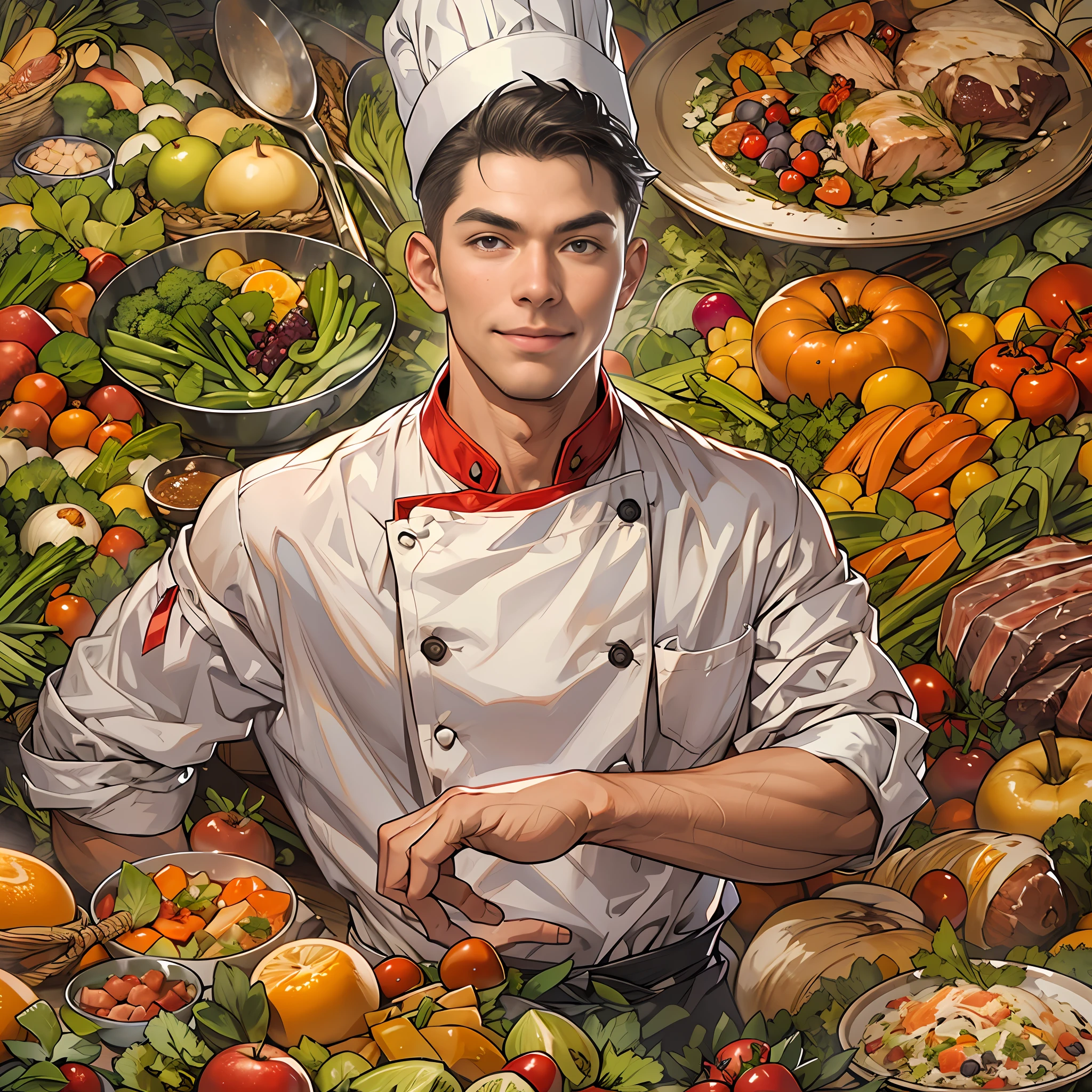 A young and handsome chef with a slight smile on his lips, hands on hips, exuding confidence in his gaze. Various images of ingredients float around him, such as vegetables, fruits, meats, and more.,in the style of the stars art group xing xing, 32k, best quality, masterpiece, super detail, high details