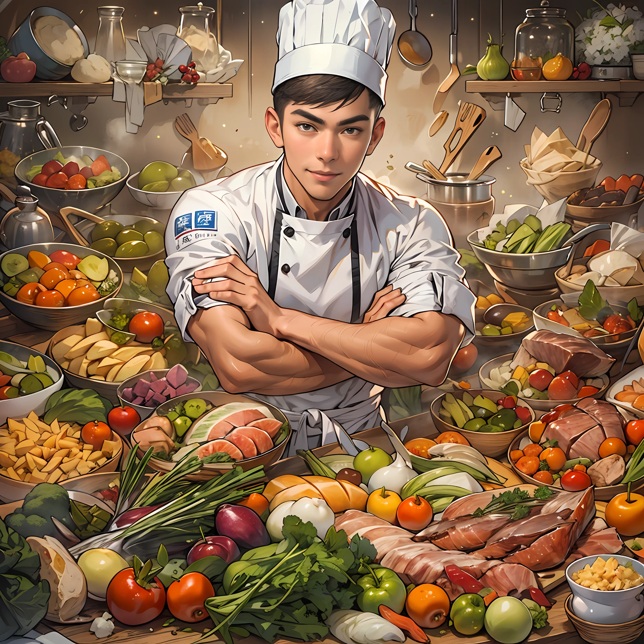 A young and handsome chef with a slight smile on his lips, hands on hips, exuding confidence in his gaze. Various images of ingredients float around him, such as vegetables, fruits, meats, and more.,in the style of the stars art group xing xing, 32k, best quality, masterpiece, super detail, high details