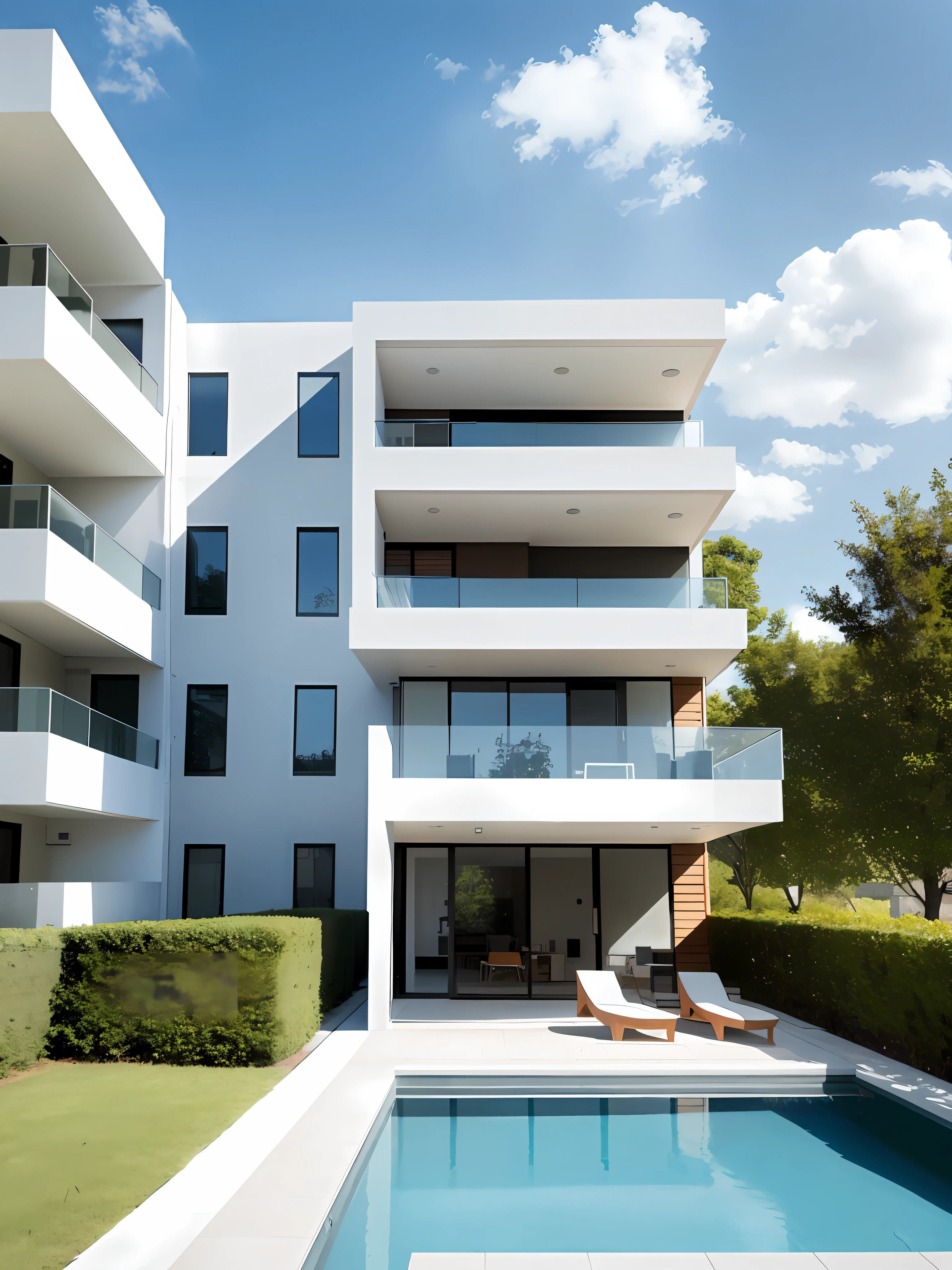 modern architecture of new complex home, high building and low building, good perspective, front pool and courtyard, , trees, sky, cloud, realistic, illustation, (8K, masterpiece), (best quality), (high resolution), (extremely full detailed)