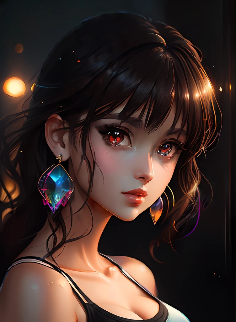 ((top-quality)), ((​masterpiece)), ((realisitic)), (detaileds),animesque、anime styled、 (1人の女性）Earrings only accessories、Close up portrait of woman with dark brown hair、Very beautiful glowing eyes, Like crystal clear glass、Tank Tops、Summer clothes、4K high-definition digital art、stunning digital illustration、Stunning 8K artwork、colorfull digital fantasy art、Colorful and bright、beautiful digital works of art、Colorful Digital Anime Art、Portrait of beautiful woman、8K HD Digital Wallpaper Art、 Gorgeous Digital Painting