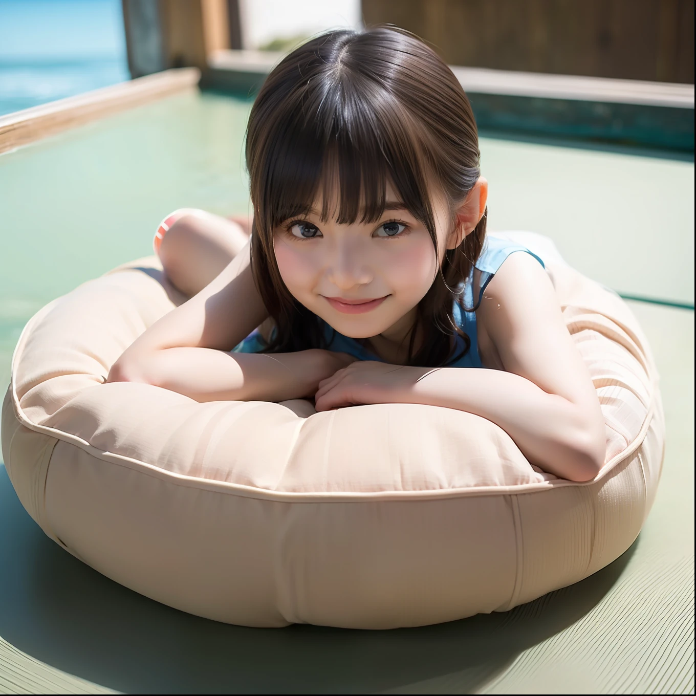 (Beautiful and highly detailed 8k wallpapers), ((Japan Girl)),the chest is very small,, Drama, ((((((((((6)))))))))), Delicate and pretty girl, Fluffy clothes, Smile, peeking at viewer, Beautiful graphics, Bright coast, swim wears,toddlers,owing the whole body,childish、Chiquita、