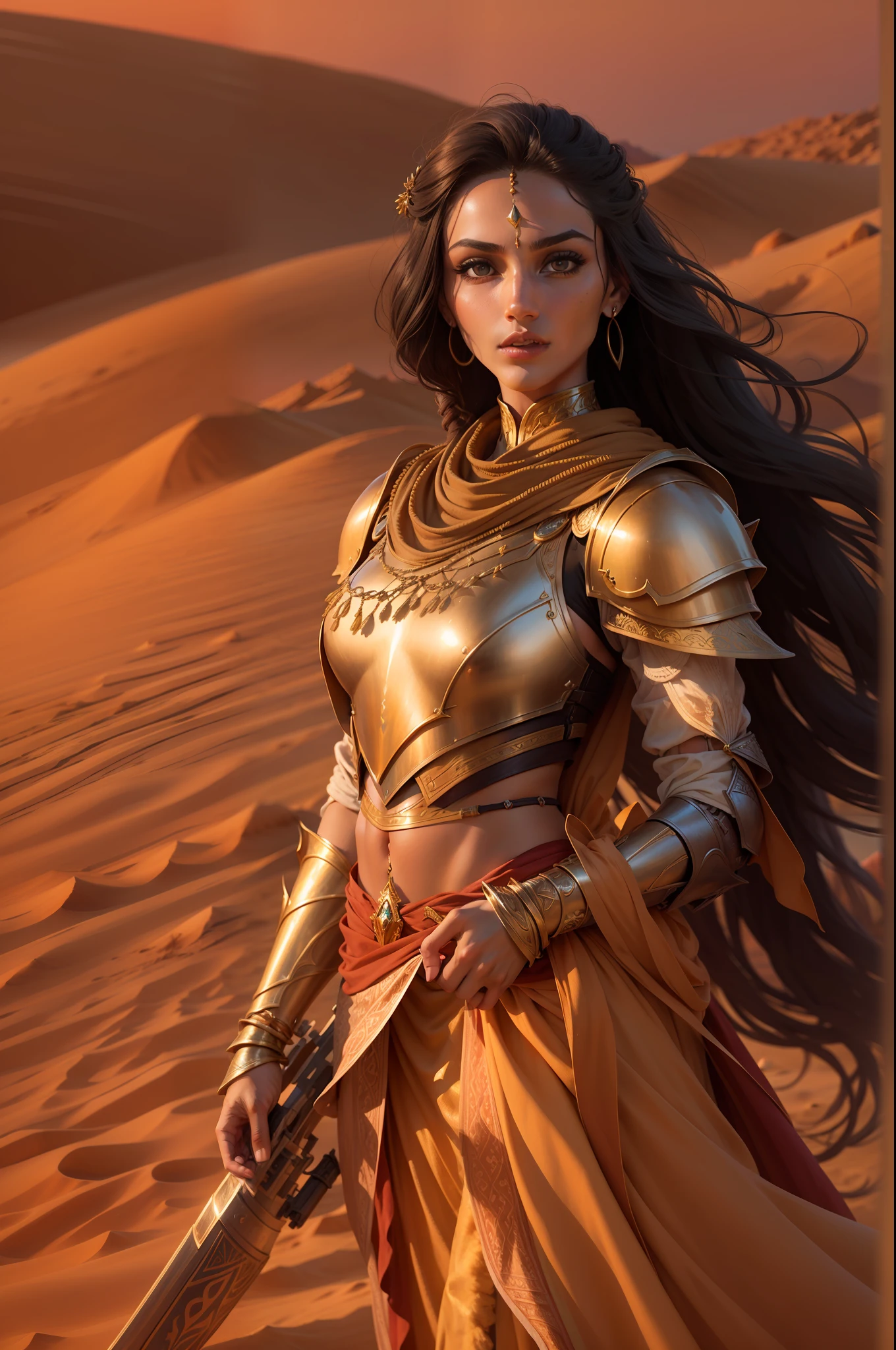 Arabian woman knight with fair skin, wearing bronze armor, depicted in a vast desert with sand dunes, during a warm sunset with golden hues. She has an updo hairstyle with loose strands, and she is holding a bow. The camera used is a high-quality model. The composition focuses on capturing the Arabian woman knight as the main subject, with the desert landscape serving as a backdrop. The perspective is chosen to highlight the knight's strength and elegance. The lighting emphasizes the warm, golden tones of the sunset, creating a visually striking scene. The depth of field is carefully adjusted to ensure the Arabian woman knight and the desert are both in sharp focus. The shutter speed is set to capture any movement with precision. The overall photo quality is exceptional, capturing every detail and nuance of the Arabian woman knight, the desert, and the sunset.