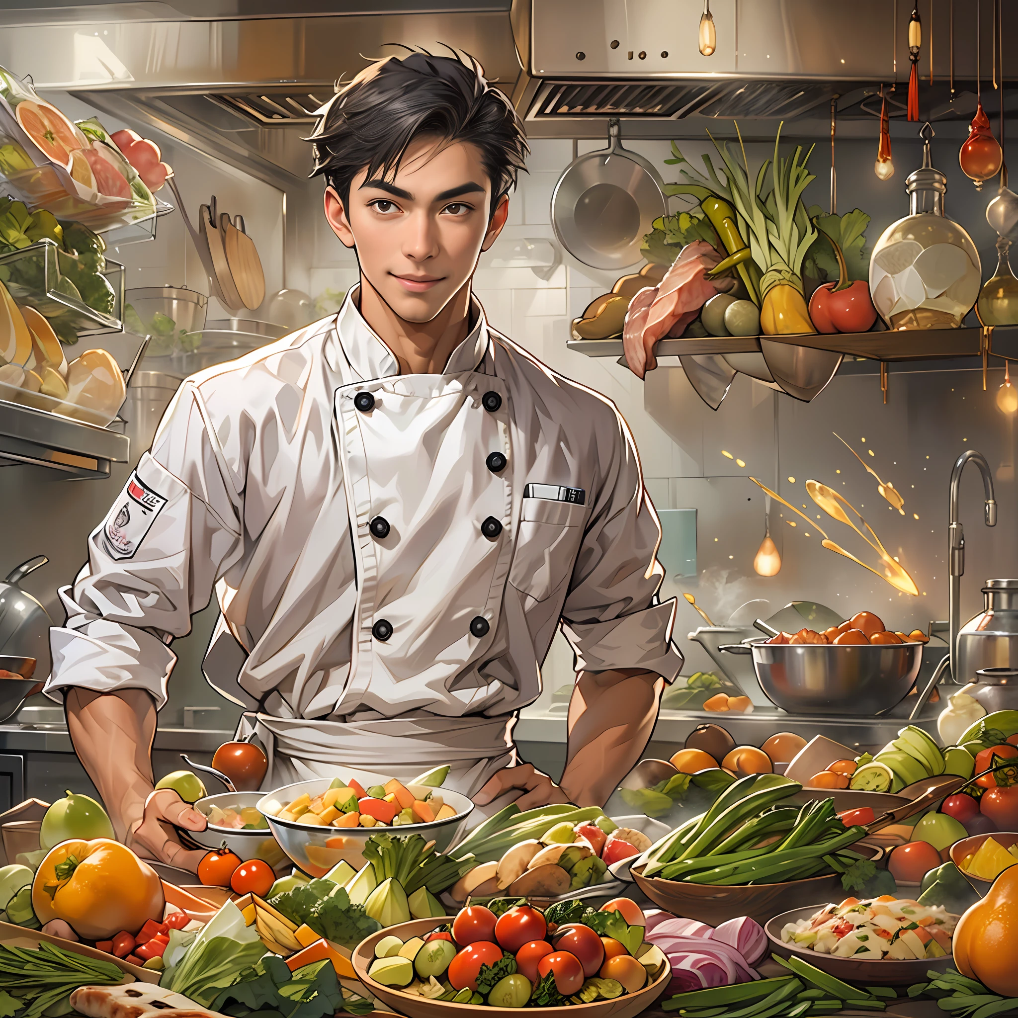 A young and handsome chef with a slight smile on his lips, hands on hips, exuding confidence in his gaze. Various images of ingredients float around him, such as vegetables, fruits, meats, and more.,in the style of the stars art group xing xing, 32k, best quality, masterpiece, super detail, high details