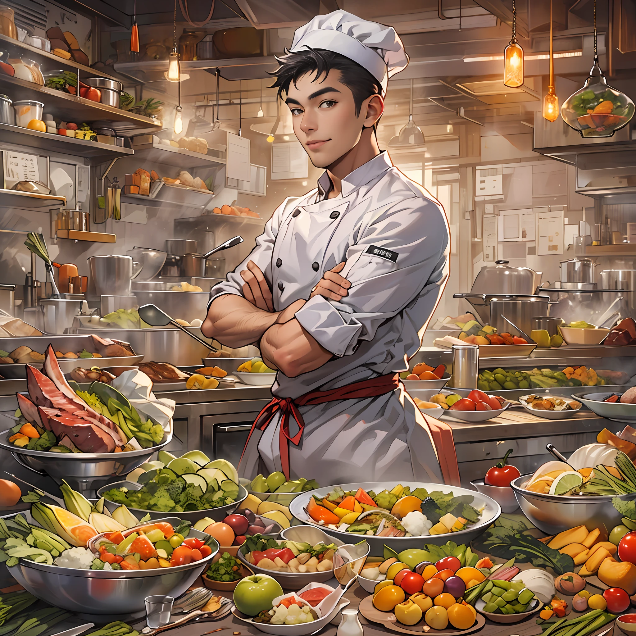 A young and handsome chef with a slight smile on his lips, hands on hips, exuding confidence in his gaze. Various images of ingredients float around him, such as vegetables, fruits, meats, and more.,in the style of the stars art group xing xing, 32k, best quality, masterpiece, super detail, high details