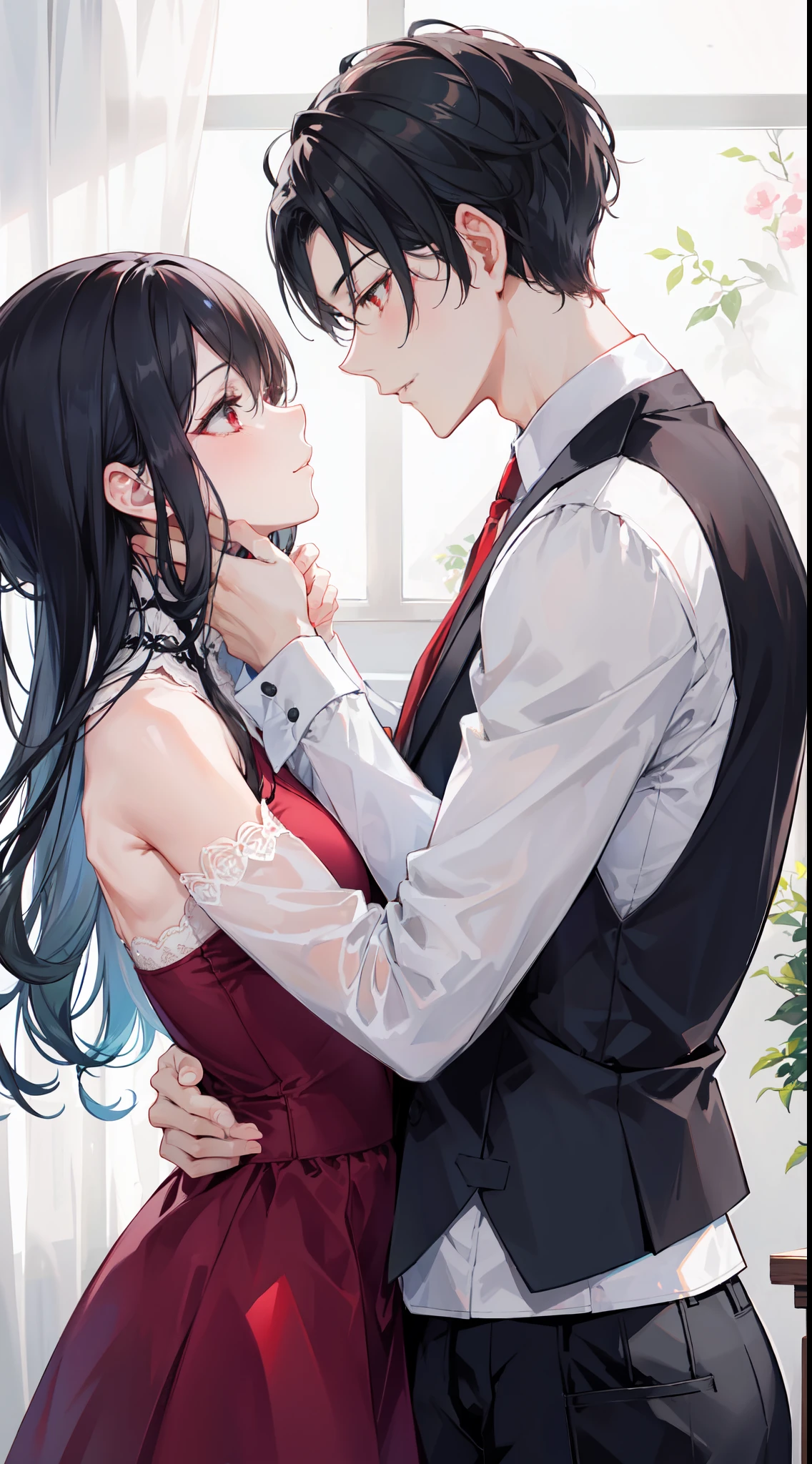 "4k romantic fantasy scene: mature couple embracing tenderly. The man with black hair and blue eyes, and the woman with elegantly tied black hair and mesmerizing red eyes."