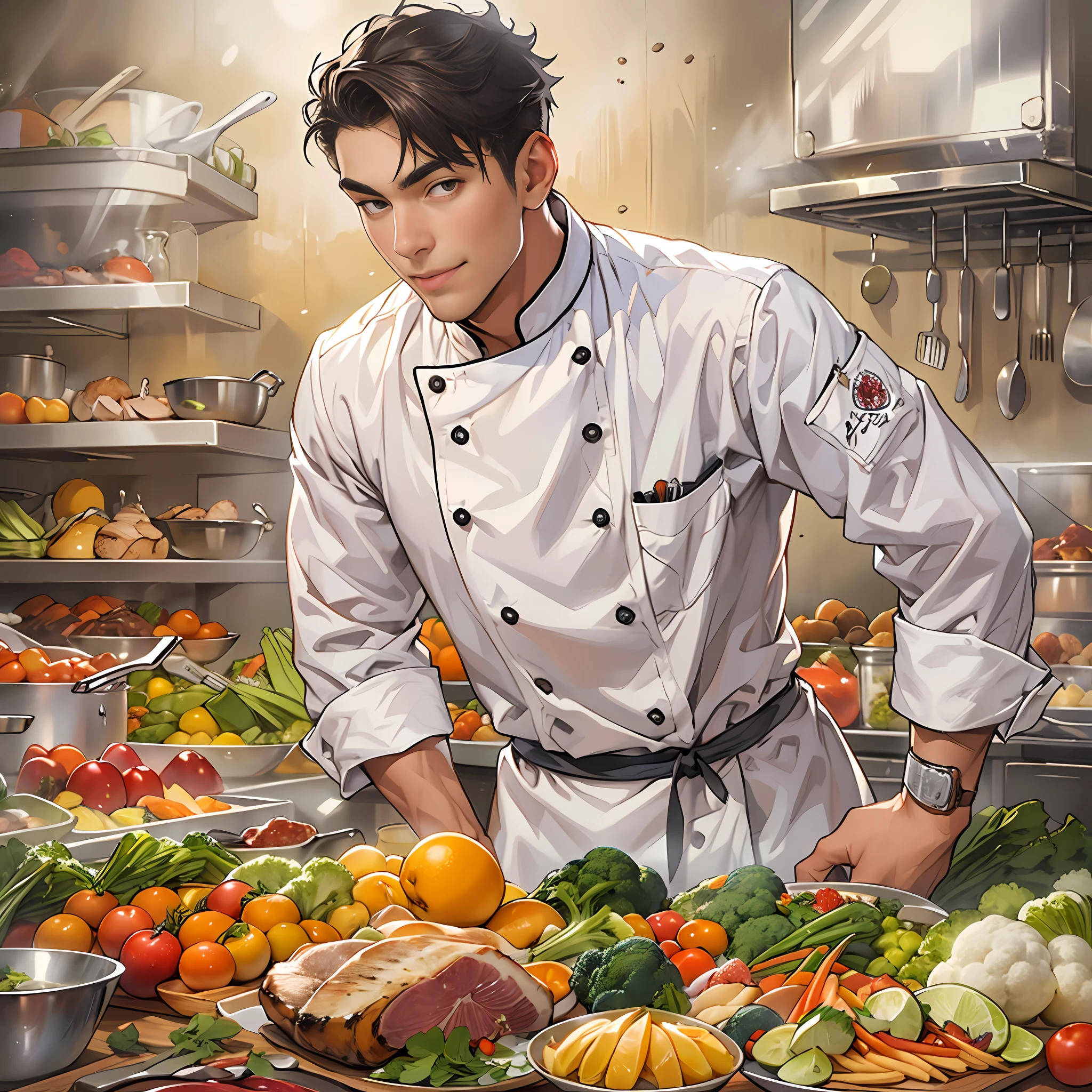 A young and handsome chef with a slight smile on his lips, hands on hips, exuding confidence in his gaze. Various images of ingredients float around him, such as vegetables, fruits, meats, and more.,in the style of the stars art group xing xing, 32k, best quality, masterpiece, super detail, high details